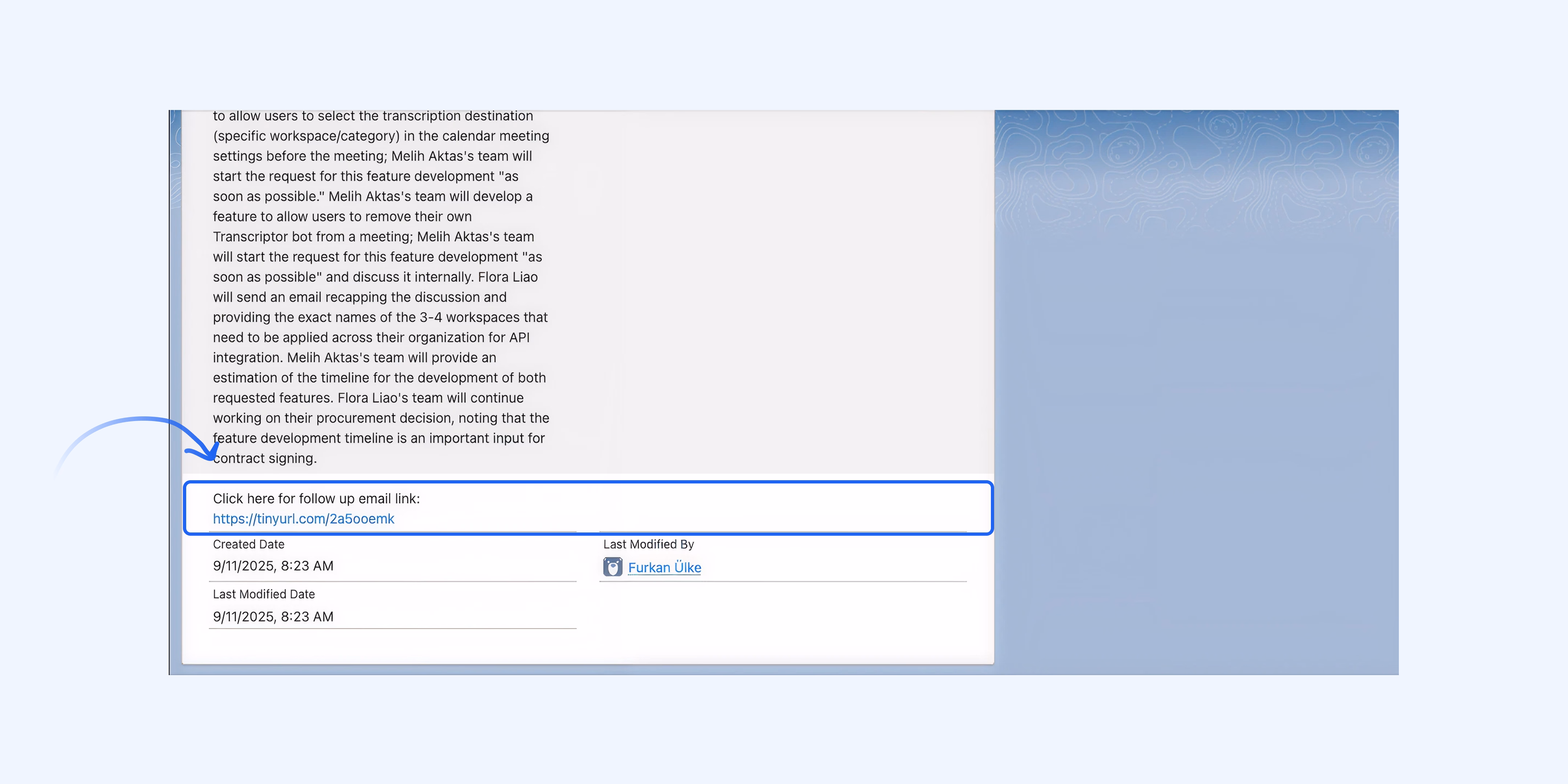 אינטגרציה של Salesforce עם Transkriptor מציגה קישור למעקב אחר דוא"ל.