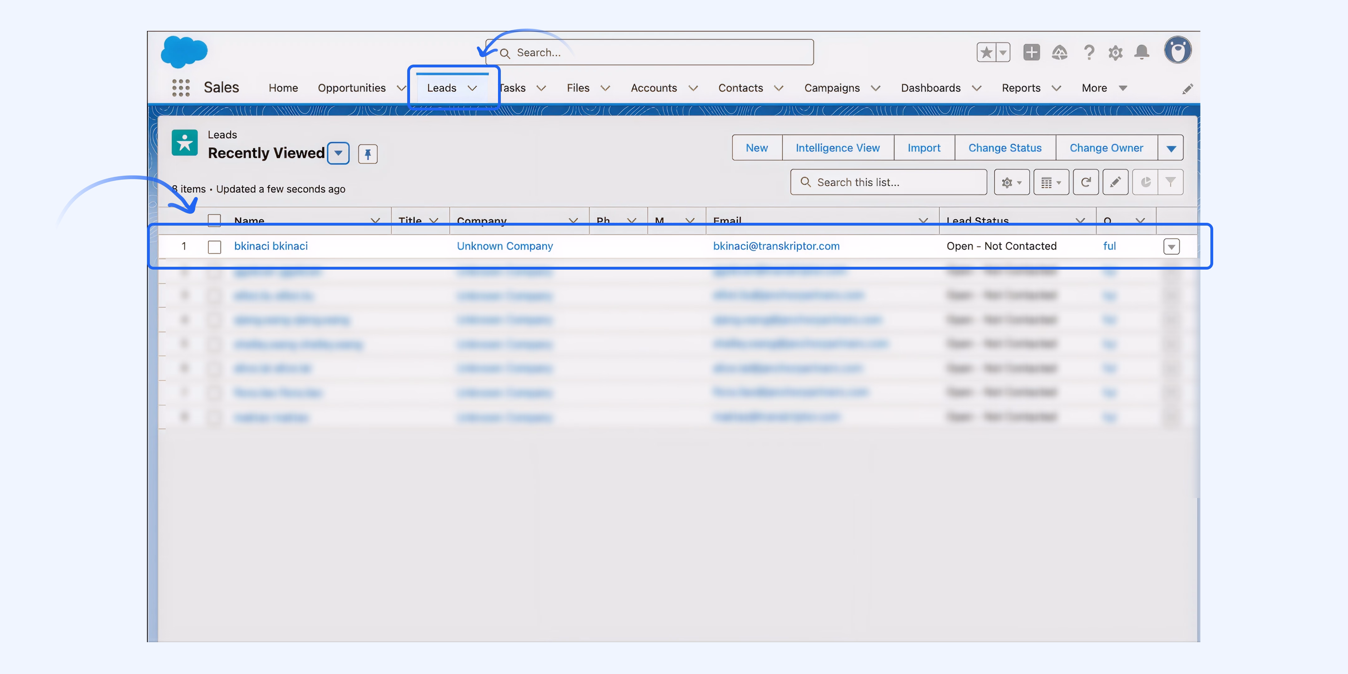 ממשק Salesforce מציג מידע על לידים עם אינטגרציה של Transkriptor.
