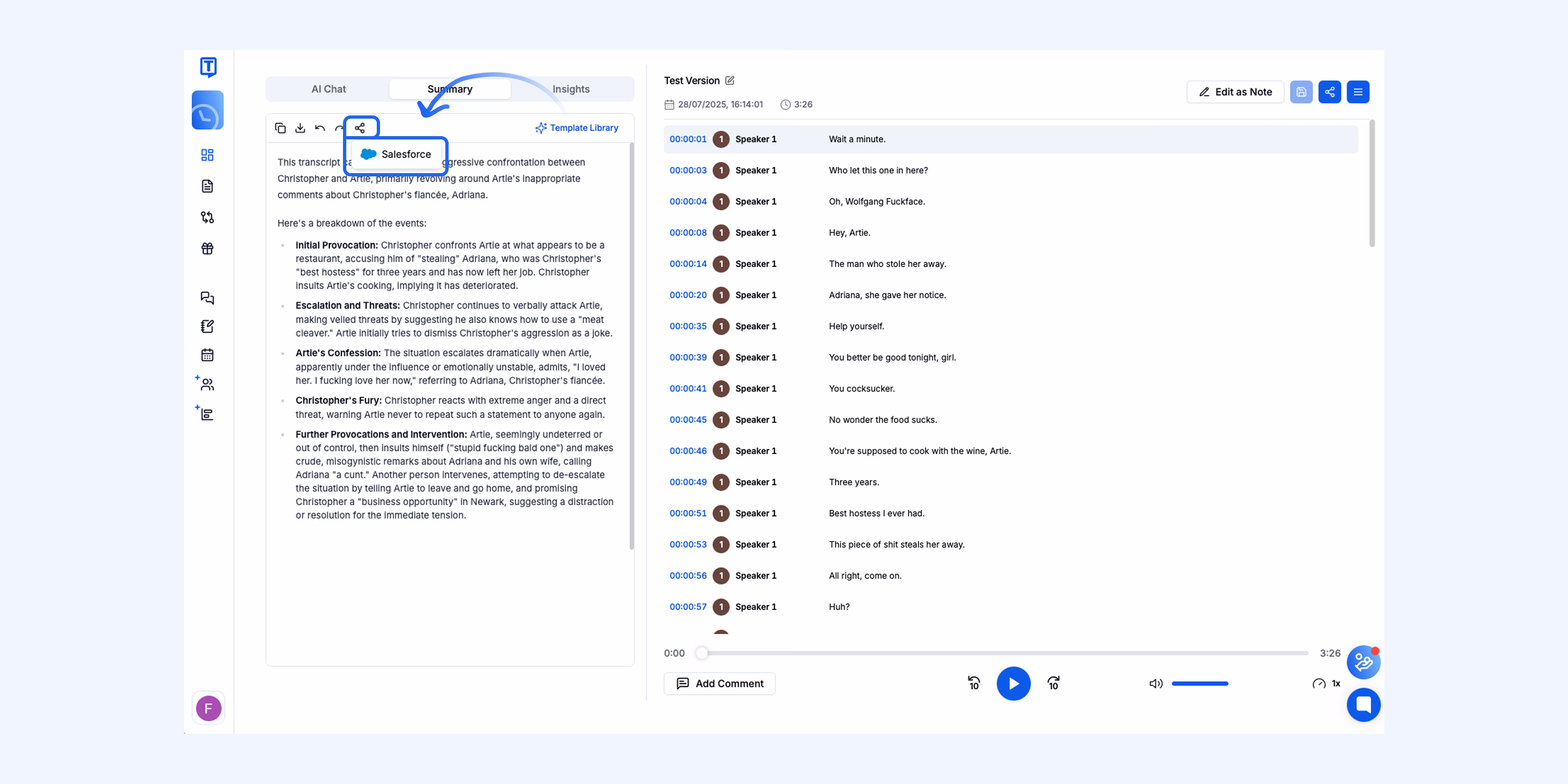 ממשק Transkriptor מראה אפשרות אינטגרציה עם Salesforce.