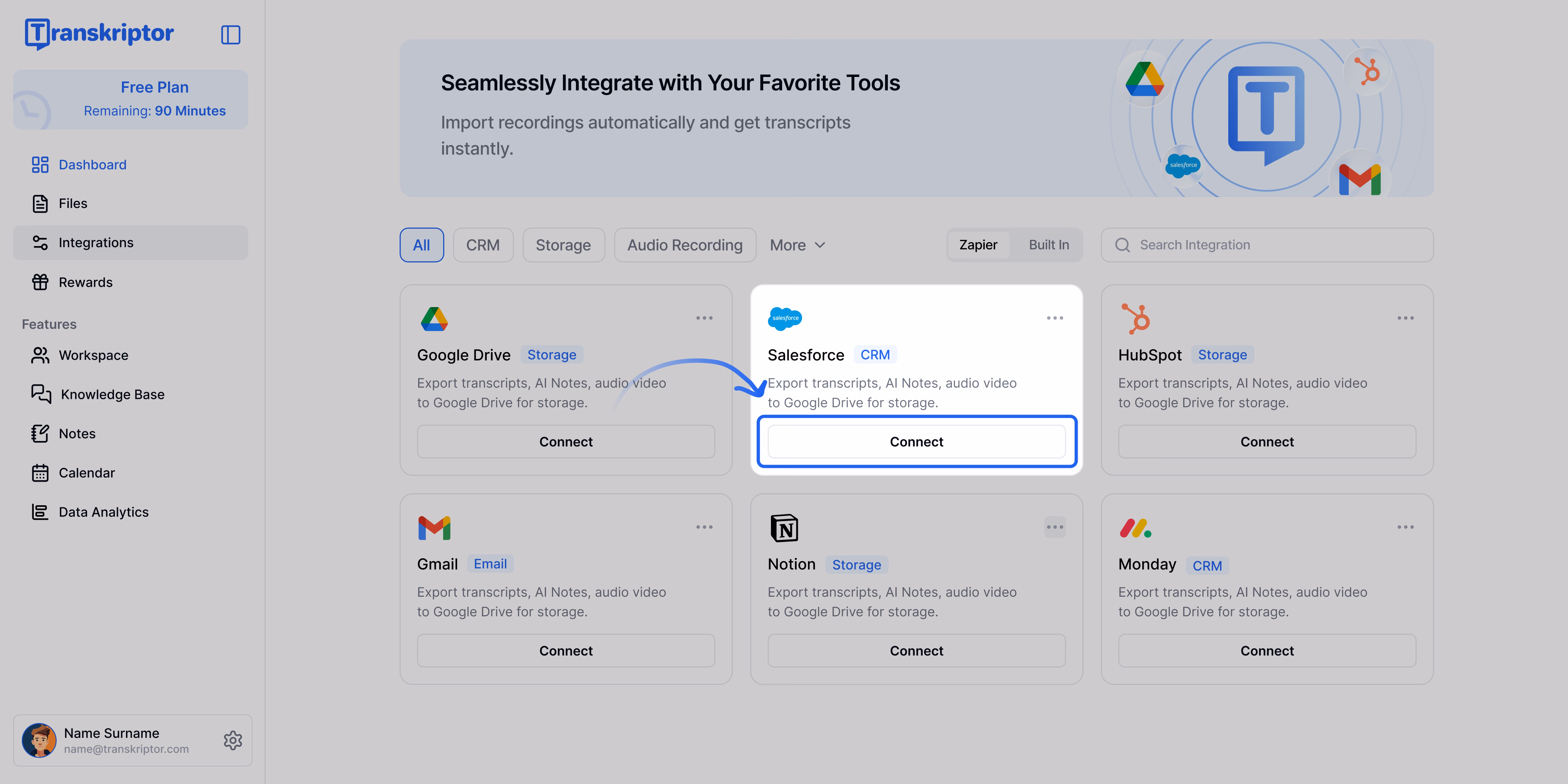 אפשרויות אינטגרציה של Transkriptor עם Salesforce.