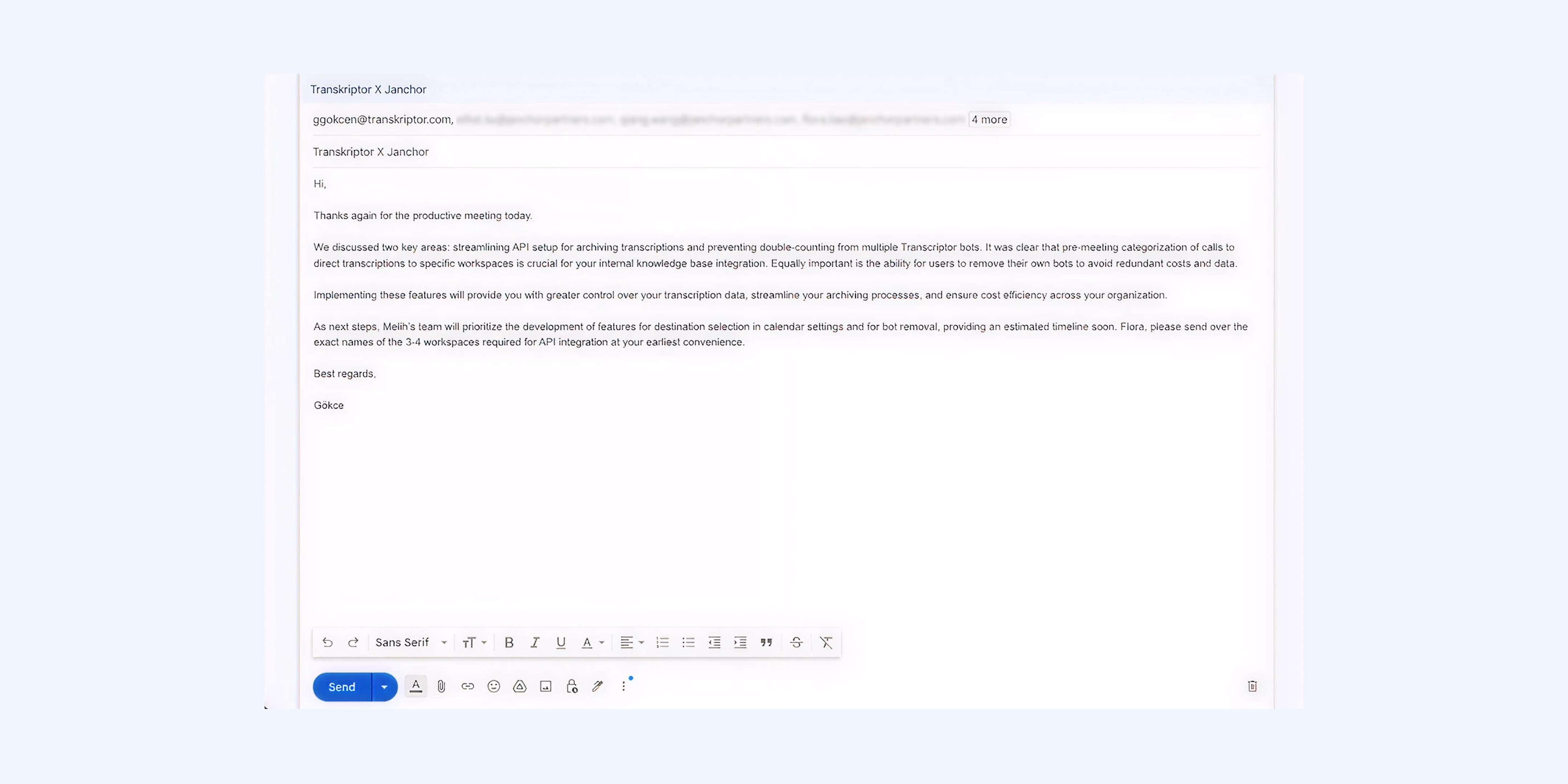 דוא"ל הדן באינטגרציה של Salesforce עם Transkriptor.