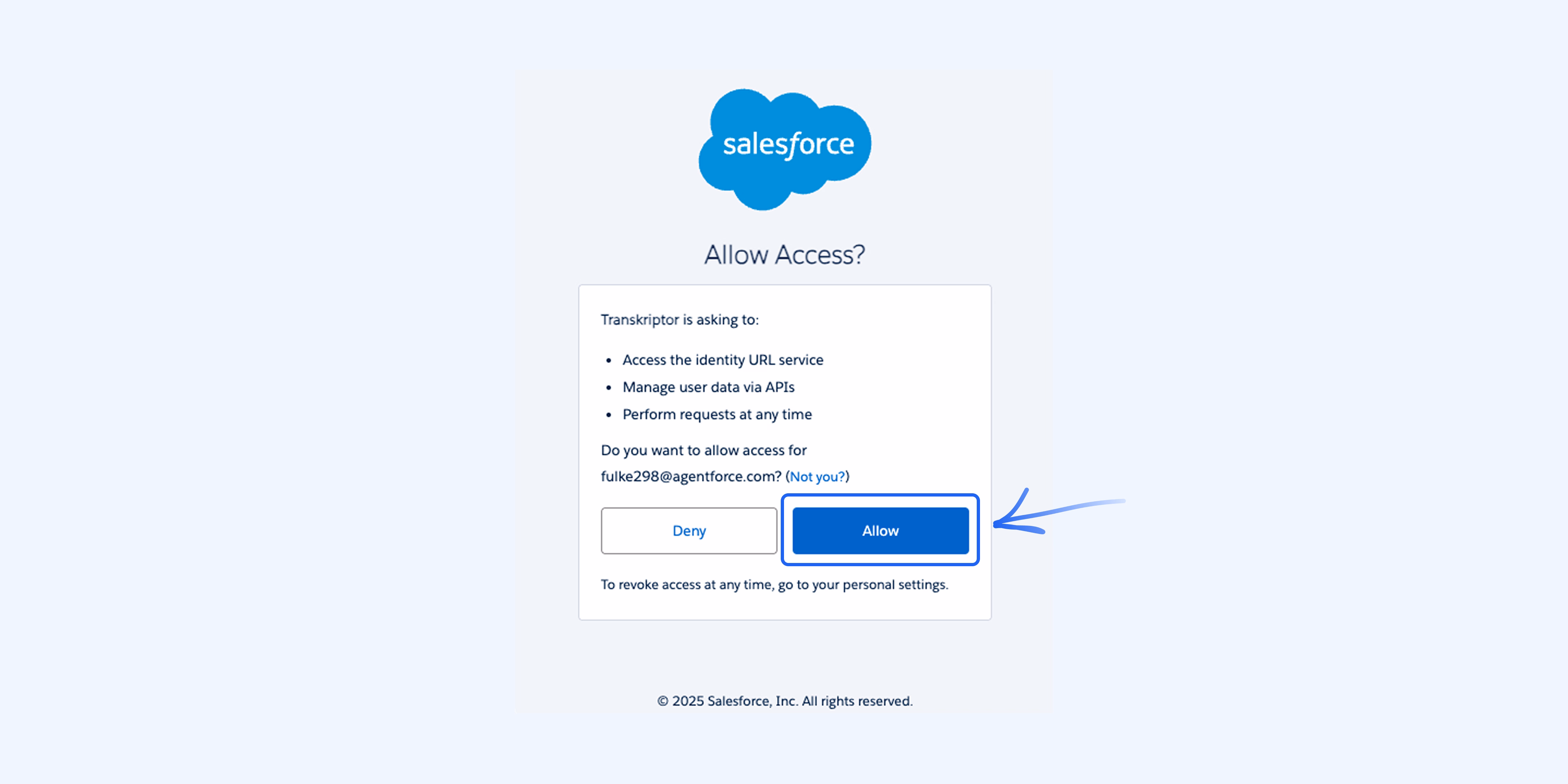 בקשת הרשאת גישה ל-Salesforce עבור אינטגרציה עם Transkriptor.