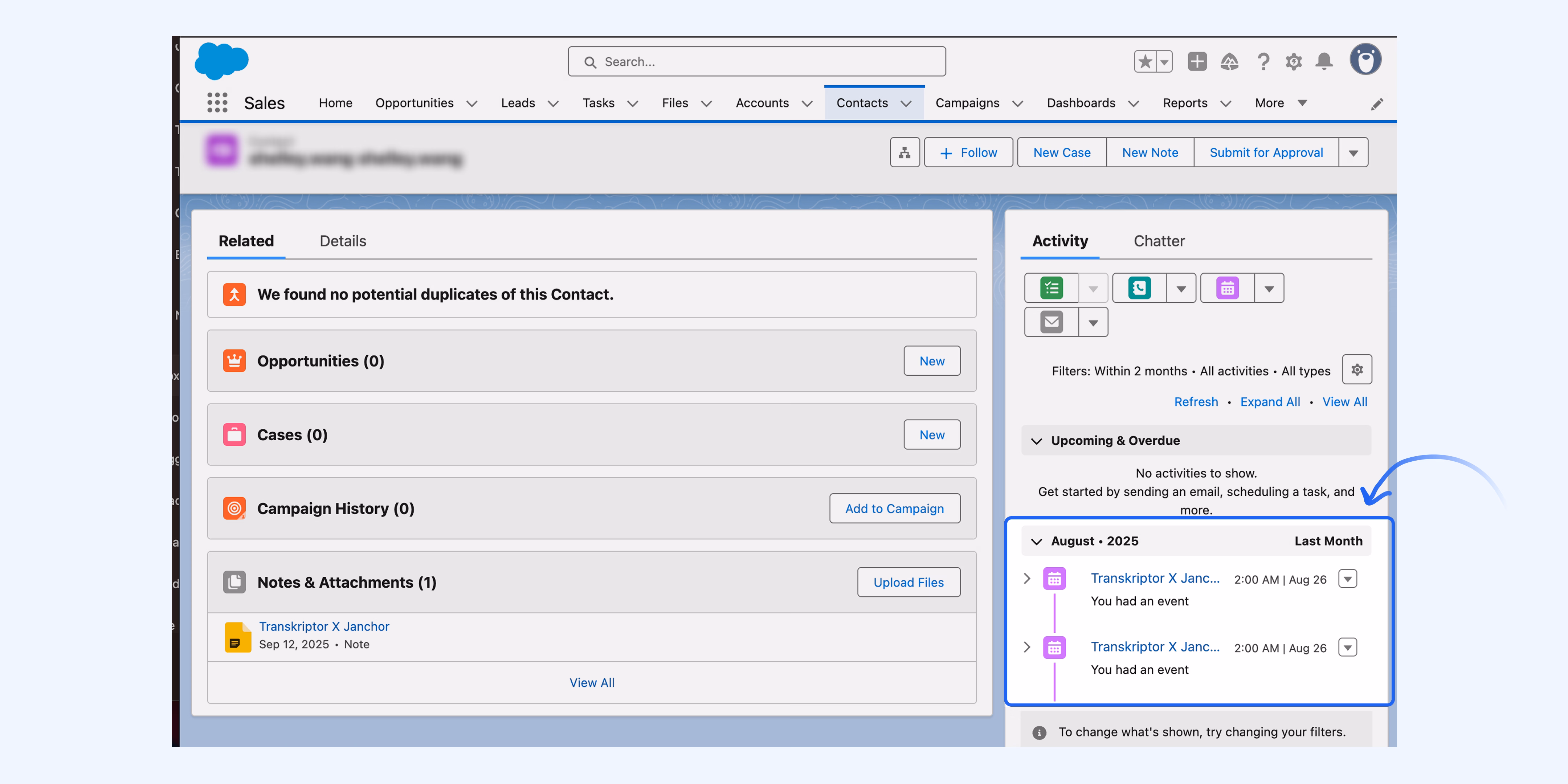 ממשק Salesforce מראה אינטגרציה של Transkriptor לניהול הערות ופעילויות.