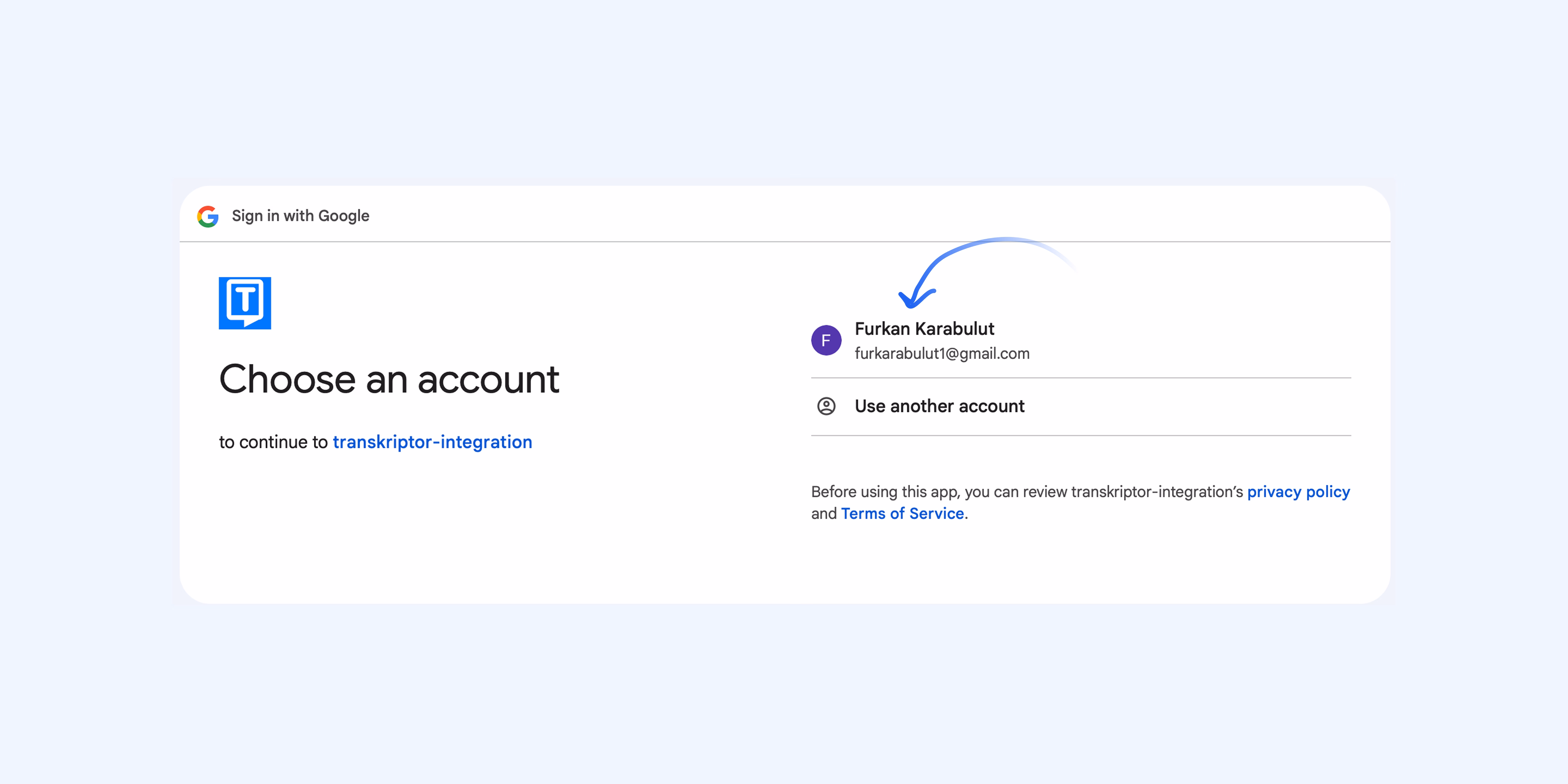 מסך כניסה לחשבון Google עבור אינטגרציה עם Transkriptor.