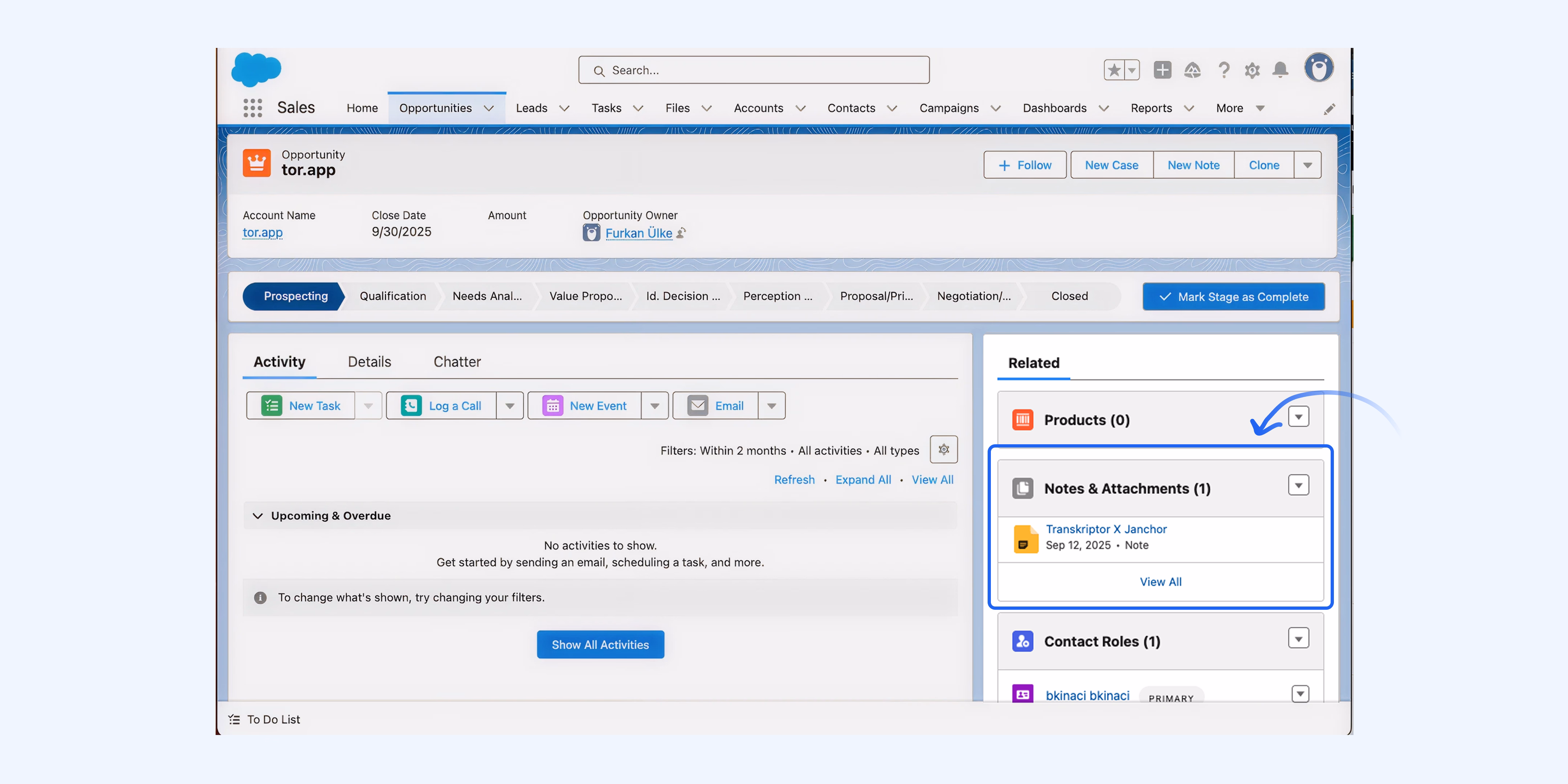 אינטגרציה של Salesforce עם Transkriptor מציגה הערות וקבצים מצורפים בהזדמנות.