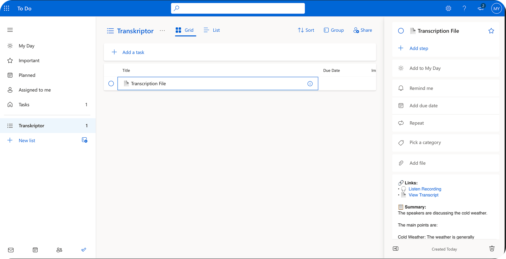 Aplikasi Microsoft To Do yang menampilkan daftar Transkriptor dengan tugas file transkripsi termasuk tautan dan ringkasan.