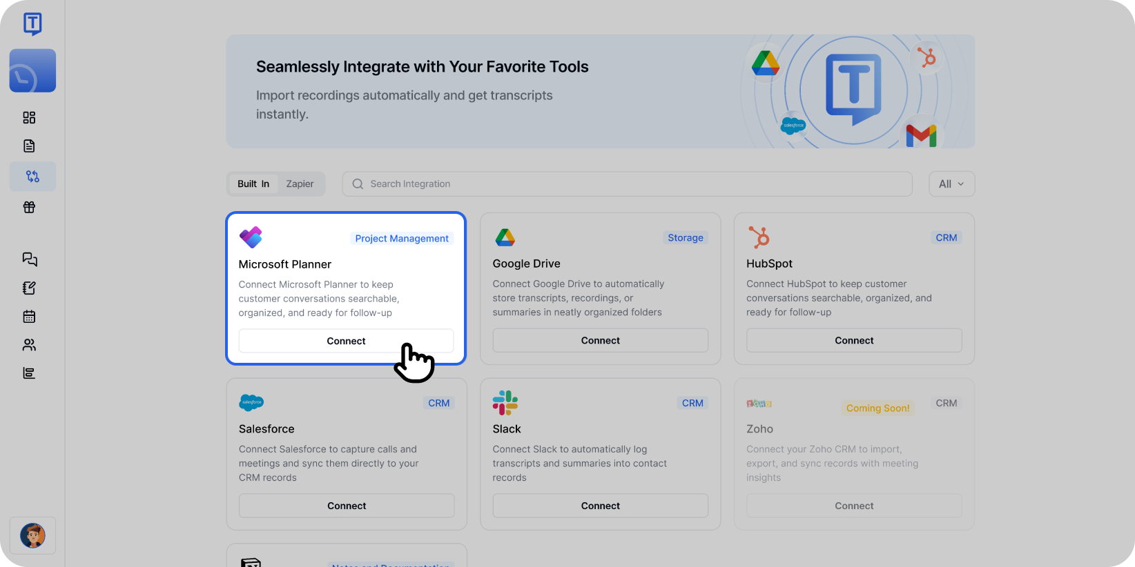 Kartu integrasi Microsoft Planner disorot pada antarmuka Transkriptor dengan tombol hubungkan.