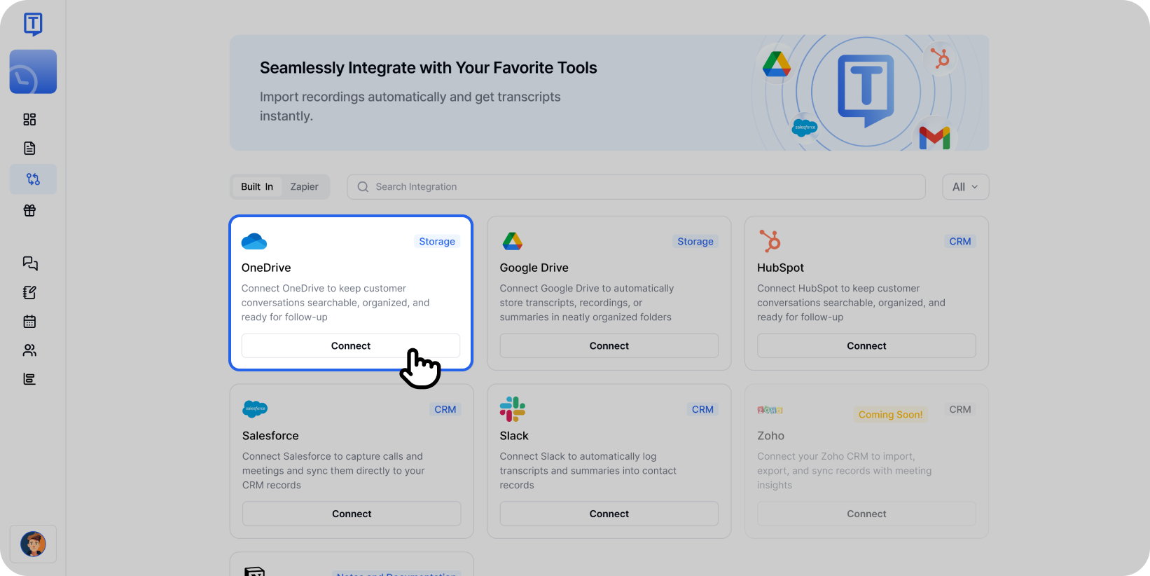 Opsi integrasi OneDrive disorot di antarmuka Transkriptor yang menunjukkan tombol Hubungkan untuk penyimpanan cloud.