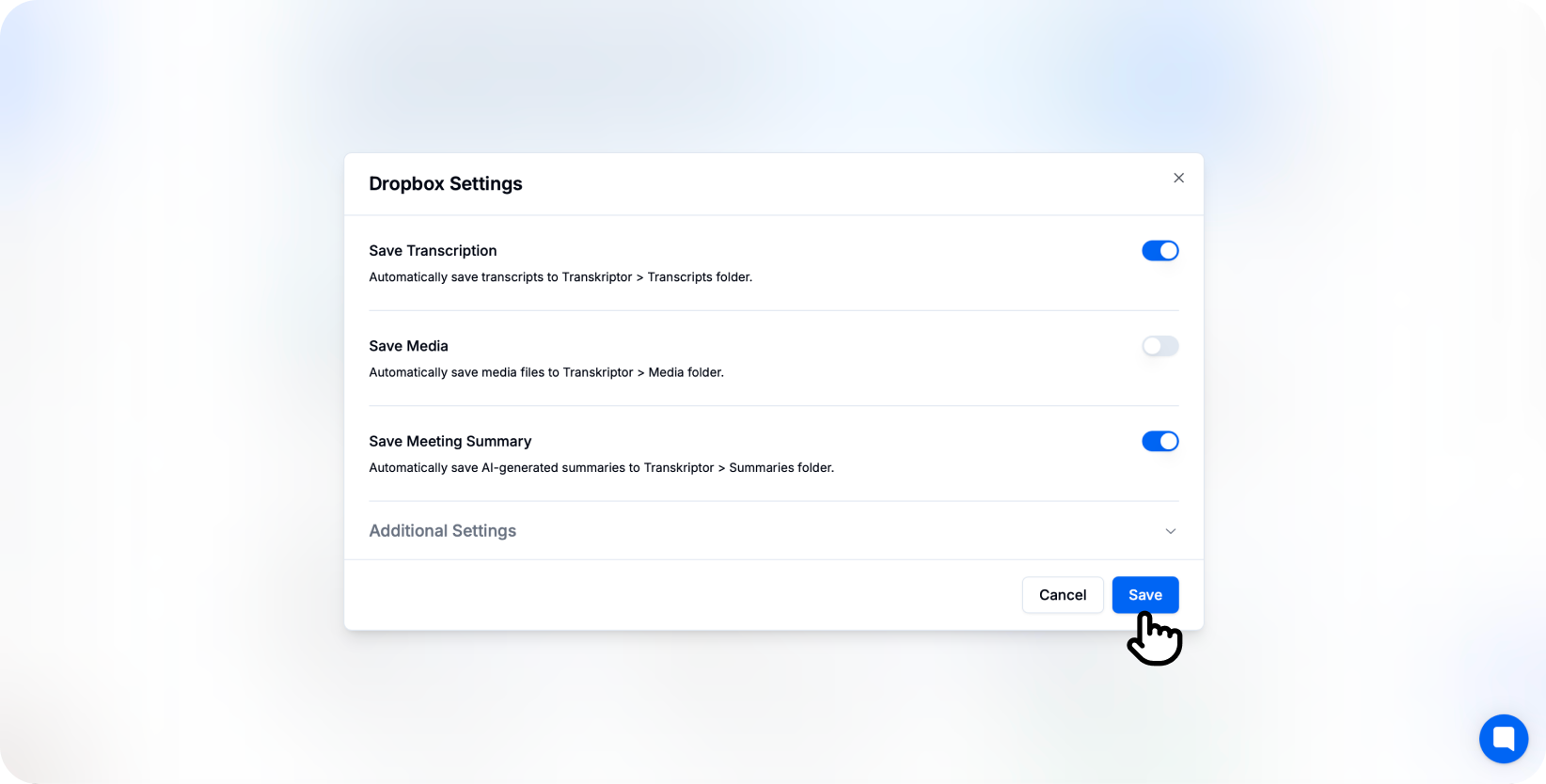 Panel pengaturan integrasi Dropbox di Transkriptor dengan sakelar untuk menyimpan transkripsi, file media, dan ringkasan rapat.