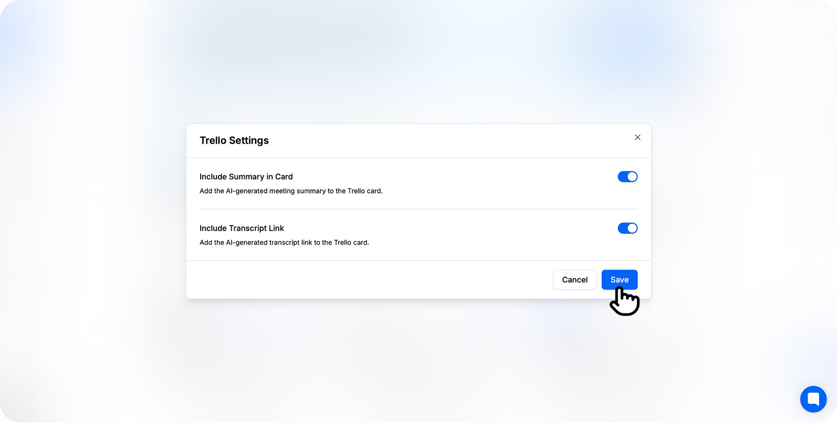 Panel pengaturan integrasi Trello di Transkriptor dengan tombol untuk menyertakan ringkasan dan tautan transkrip dalam kartu.
