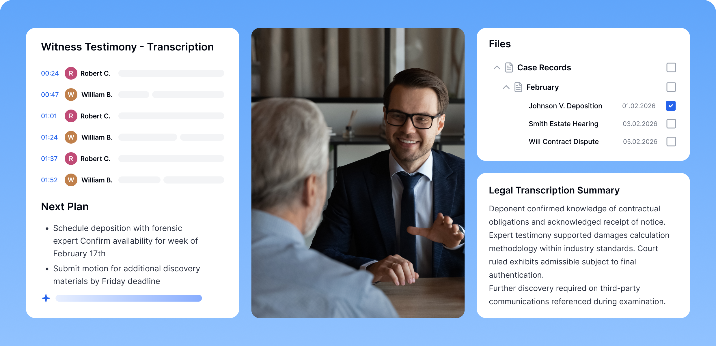ממשק Transkriptor המציג תמלול עדויות עדים, ארגון תיקי משפט, פריטי פעולה להמשך העבודה וסיכום תמלול משפטי
