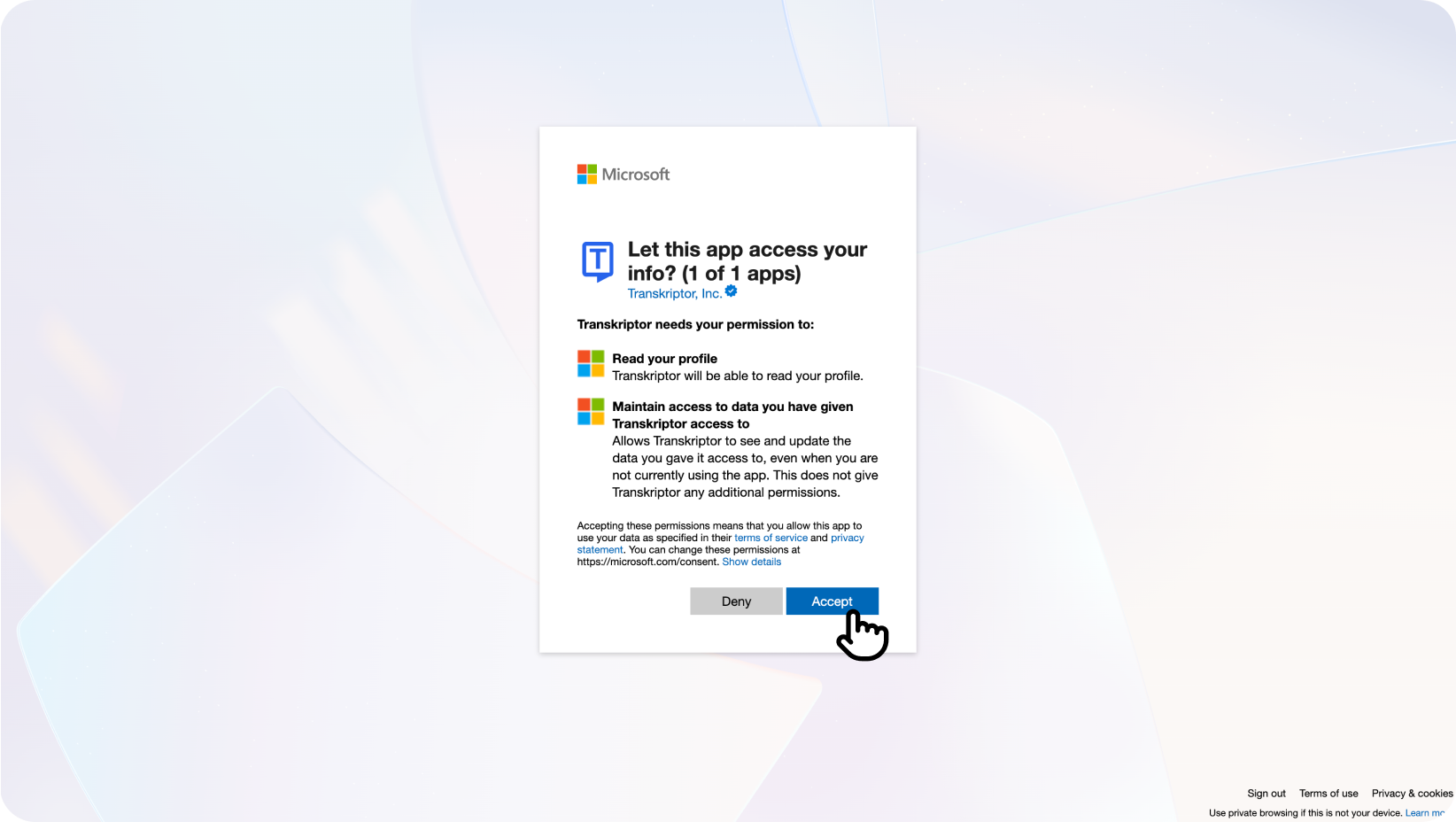 Layar izin Microsoft yang menunjukkan aplikasi Transkriptor meminta akses untuk membaca profil dan memelihara akses data