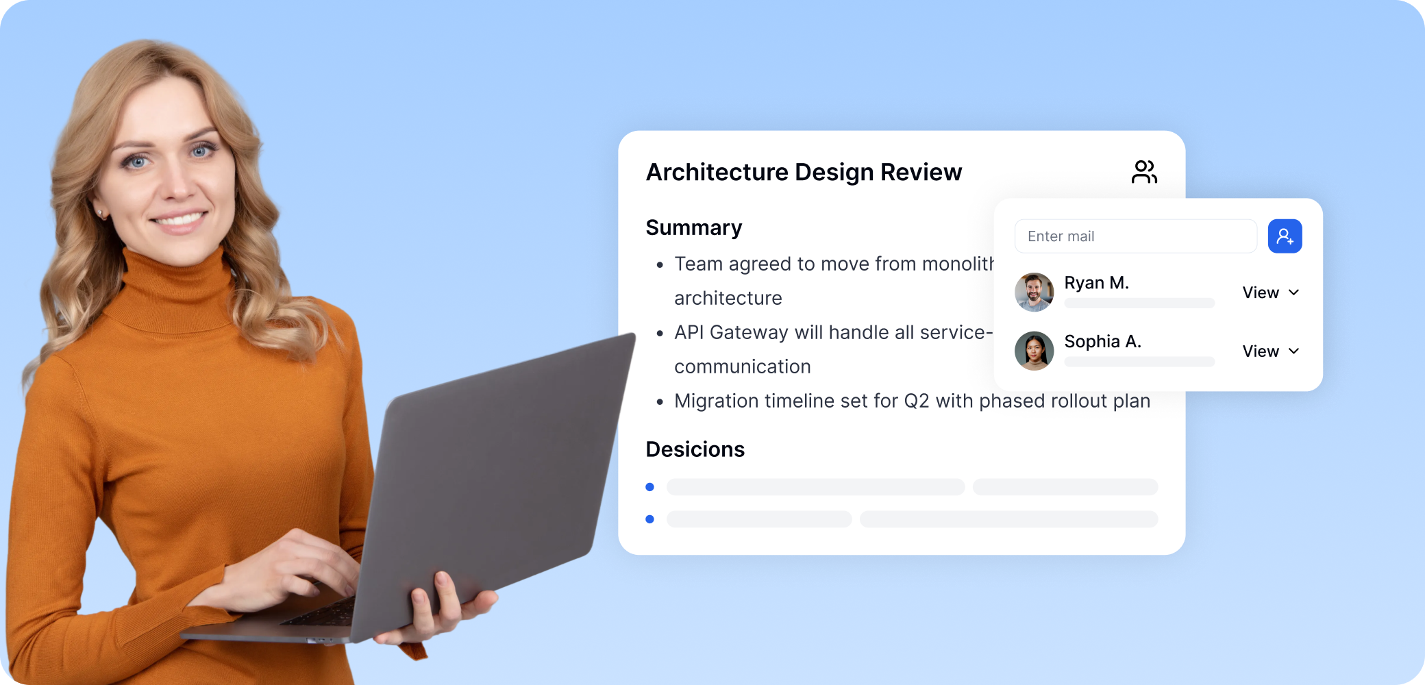 架构设计评审文档,包含单体架构迁移决策的 AI 摘要,已通过访问控制与团队成员 Ryan M. 和 Sophia A. 共享