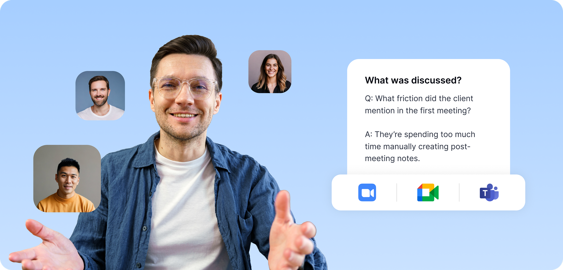 مساعد الاجتماعات بالذكاء الاصطناعي من Transkriptor لتحليل مكالمات الفيديو مع نصوص تلقائية، ورؤى للاجتماع، وملخصات الأسئلة والأجوبة، مع التكامل مع Zoom وGoogle Meet وMicrosoft Teams.