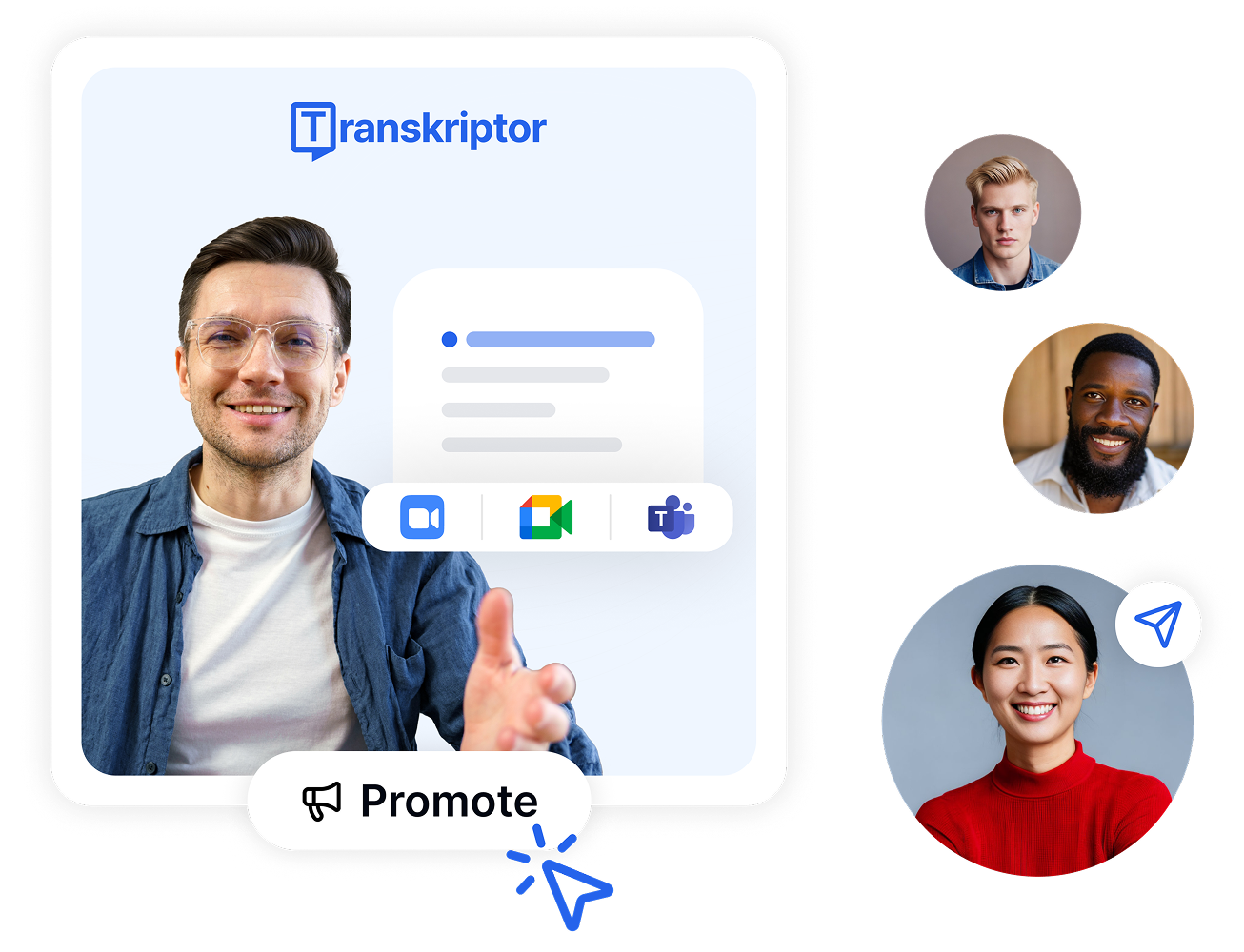 Grafik promosi program afiliasi Transkriptor yang menampilkan kreator membagikan Transkriptor dan mendapatkan komisi melalui rujukan.
