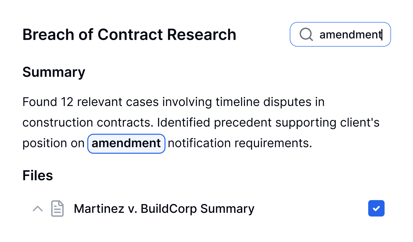 ממשק החיפוש של Transkriptor מציג תוצאות מחקר בנושא הפרת חוזה, כאשר מילת המפתח לתיקון מודגשת בסיכום התיק