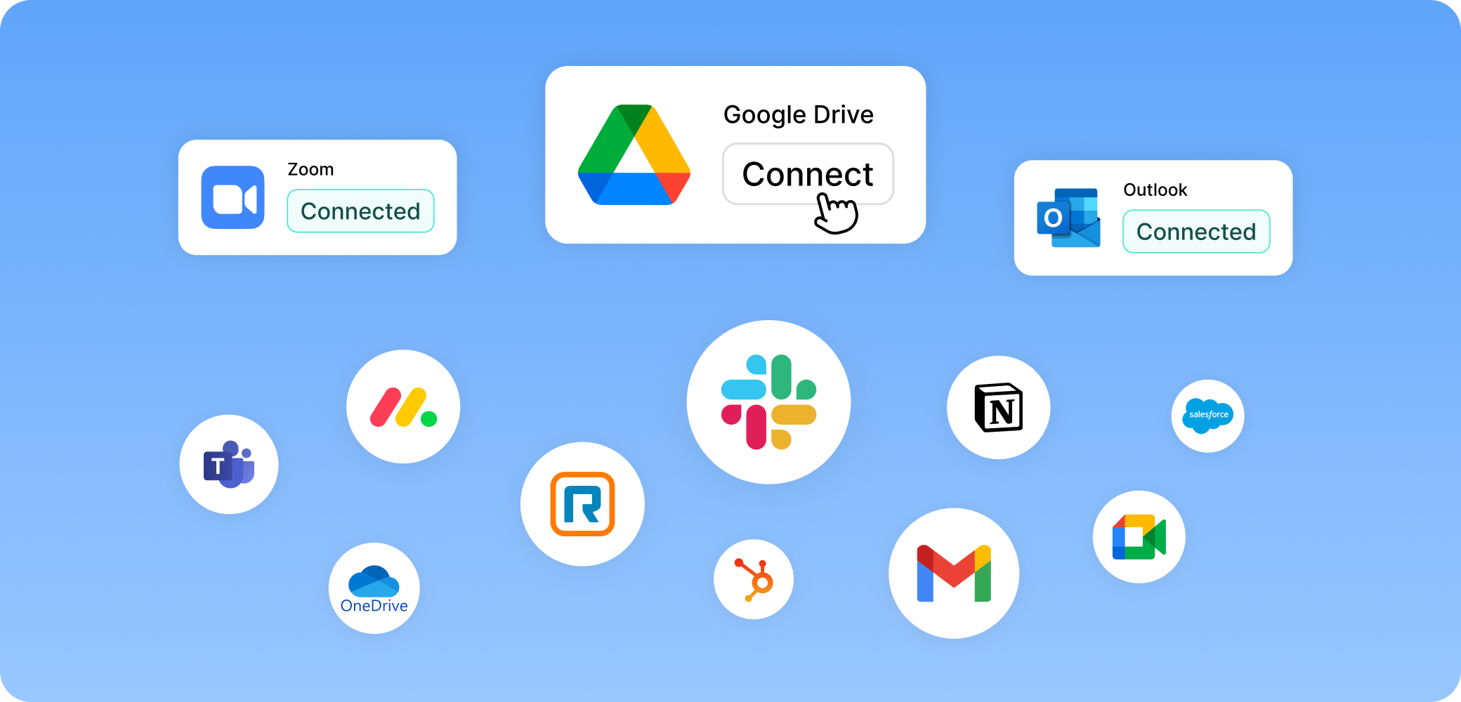 לוח האינטגרציה של Transkriptor המציג אפליקציות מחוברות, כולל Zoom, Outlook, Google Drive, Slack, Microsoft Teams ו-Salesforce עבור תהליכי עבודה משפטיים