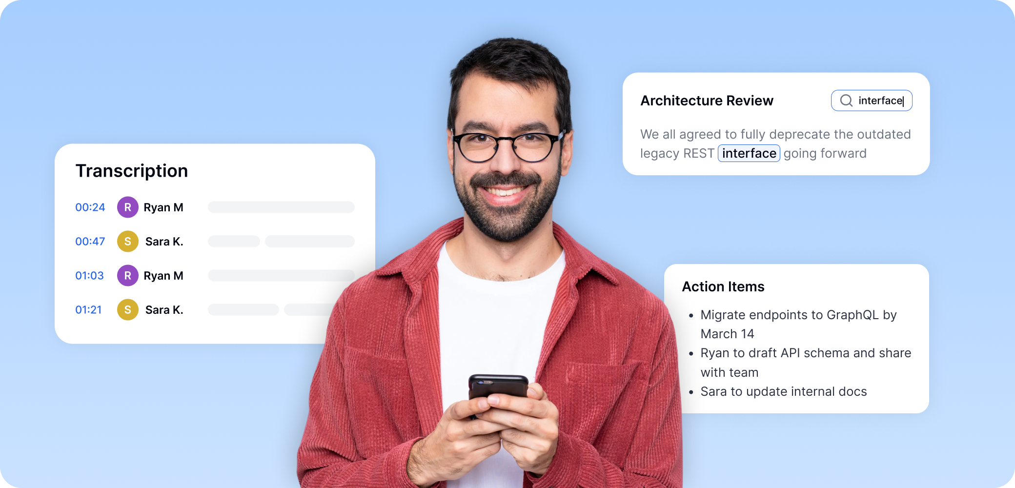 带有发言人识别的会议转录,展示架构评审搜索结果,以及包括 GraphQL 迁移和 API 模式任务在内的待办事项