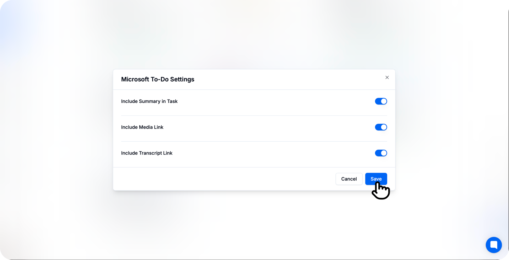 Panel pengaturan Microsoft To Do di Transkriptor yang menampilkan opsi pilihan sertakan ringkasan, tautan media, dan tautan transkrip