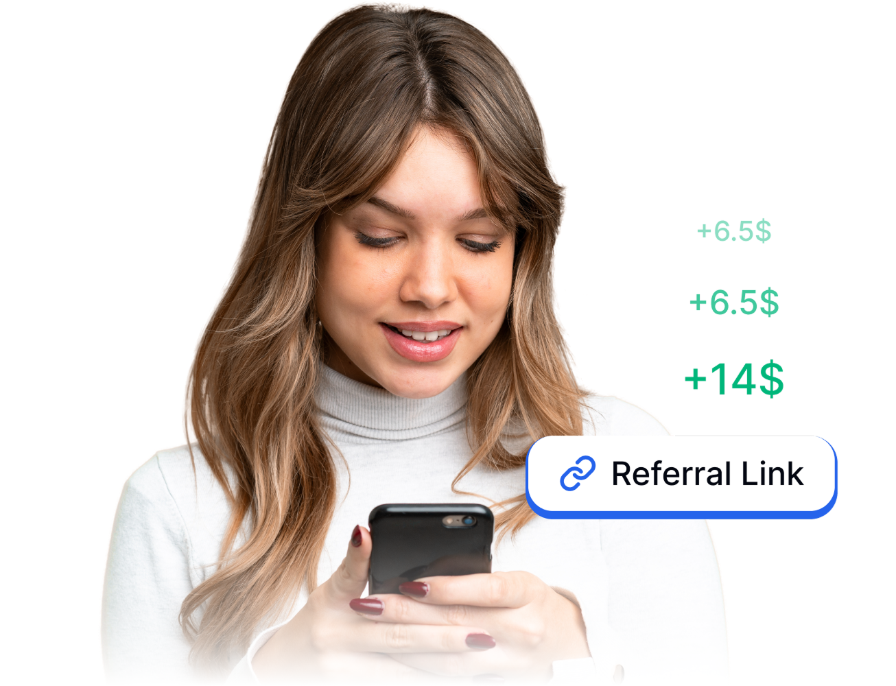 Grafik tautan referensi Transkriptor menunjukkan pengguna menghasilkan uang melalui komisi afiliasi dan berbagi tautan referensi.