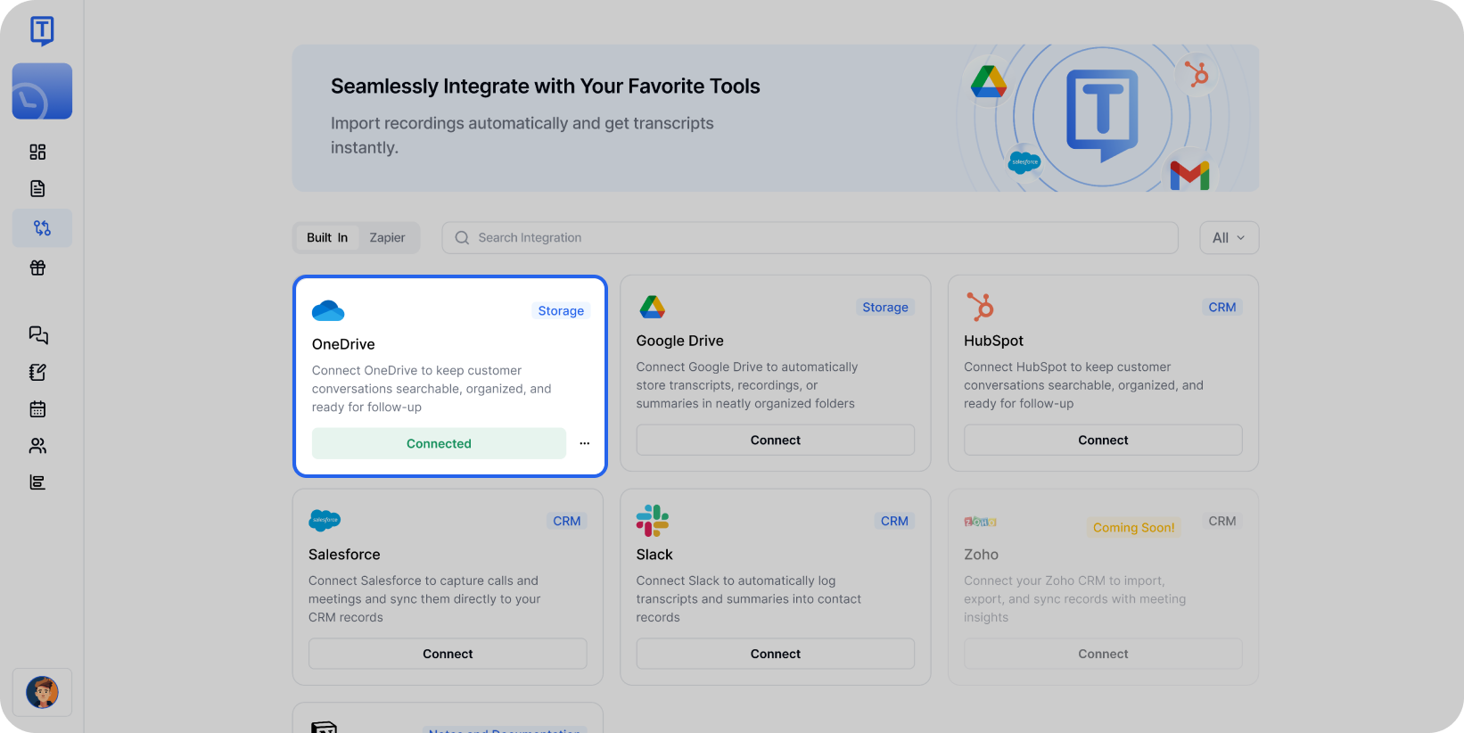 Status integrasi OneDrive berhasil terhubung yang ditampilkan di dasbor integrasi Transkriptor.