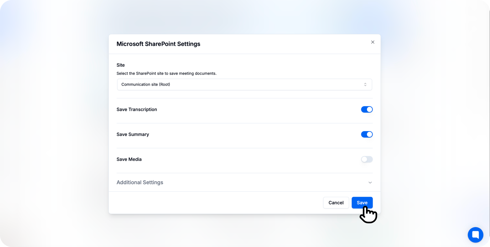 Panel pengaturan Microsoft SharePoint di Transkriptor yang menunjukkan pemilihan situs, penyimpanan transkripsi, ringkasan, dan opsi pengalihan media