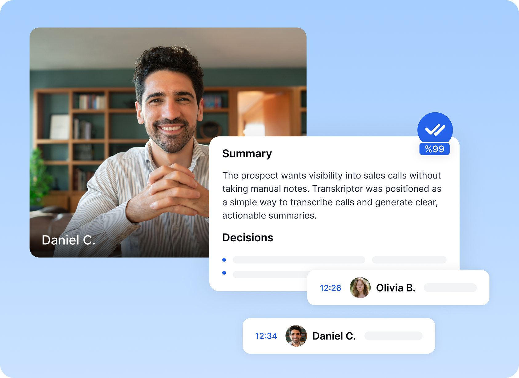 مساعد الاجتماعات بالذكاء الاصطناعي من Transkriptor يقوم بإنشاء ملخصات آلية، والقرارات المتخذة، ونصوص مصنفة بأسماء المتحدثين من محادثات المبيعات.