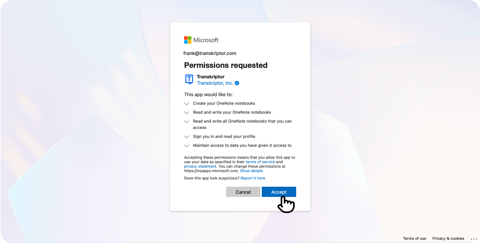 Layar izin Microsoft untuk aplikasi Transkriptor yang meminta akses untuk membuat dan mengelola buku catatan OneNote.