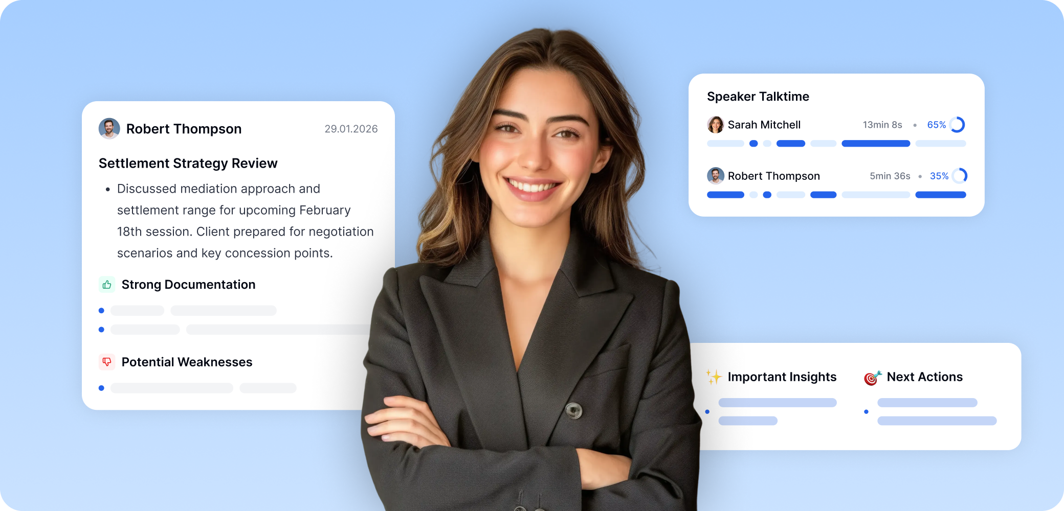 Transkriptor מציג הערות לסקירת אסטרטגיית פשרה, תיעוד מפורט וניתוח נקודות תורפה, פירוט זמני דיבור של הדוברים ותובנות לביצוע פעולות עתידיות