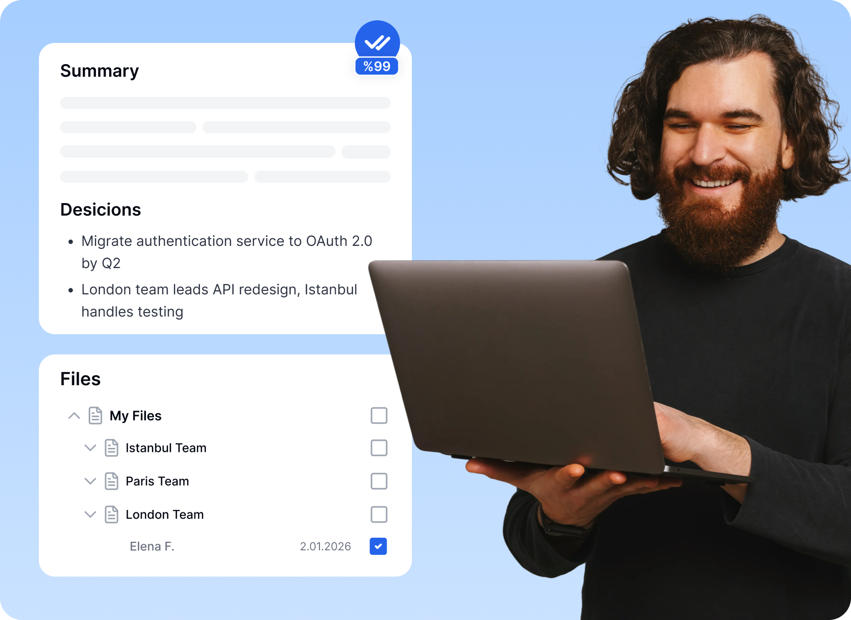 屏幕截图显示:AI 生成的包含工程决策的会议摘要,以及伊斯坦布尔、巴黎和伦敦团队的有序文件夹