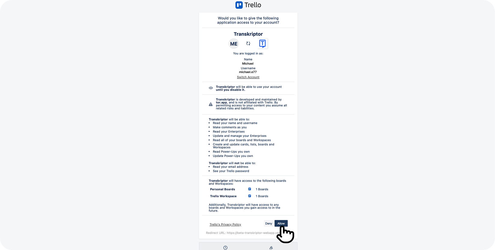 Layar izin Trello untuk aplikasi Transkriptor yang meminta akses untuk membaca dan mengelola papan, kartu, dan ruang kerja.