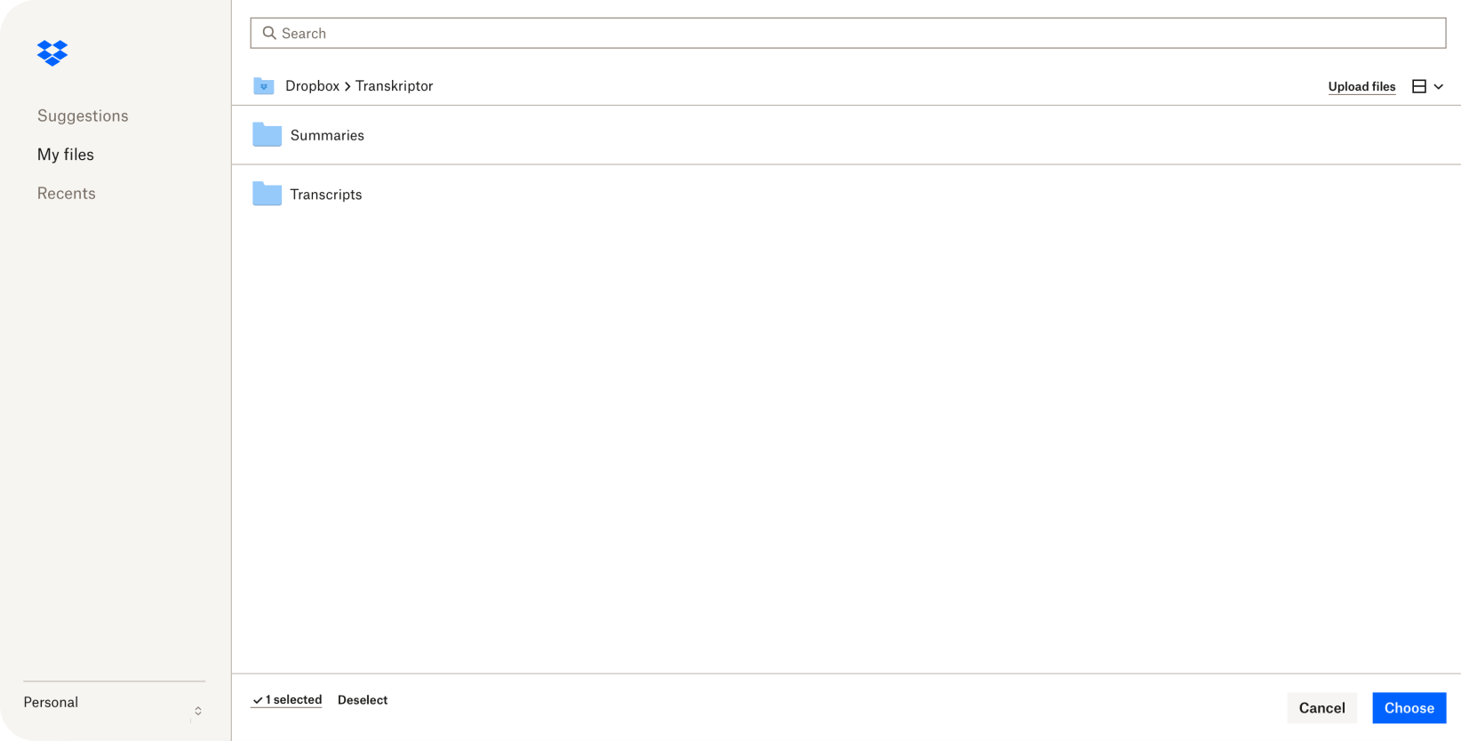 Status integrasi Dropbox berhasil terhubung ditampilkan di dasbor integrasi Transkriptor.
