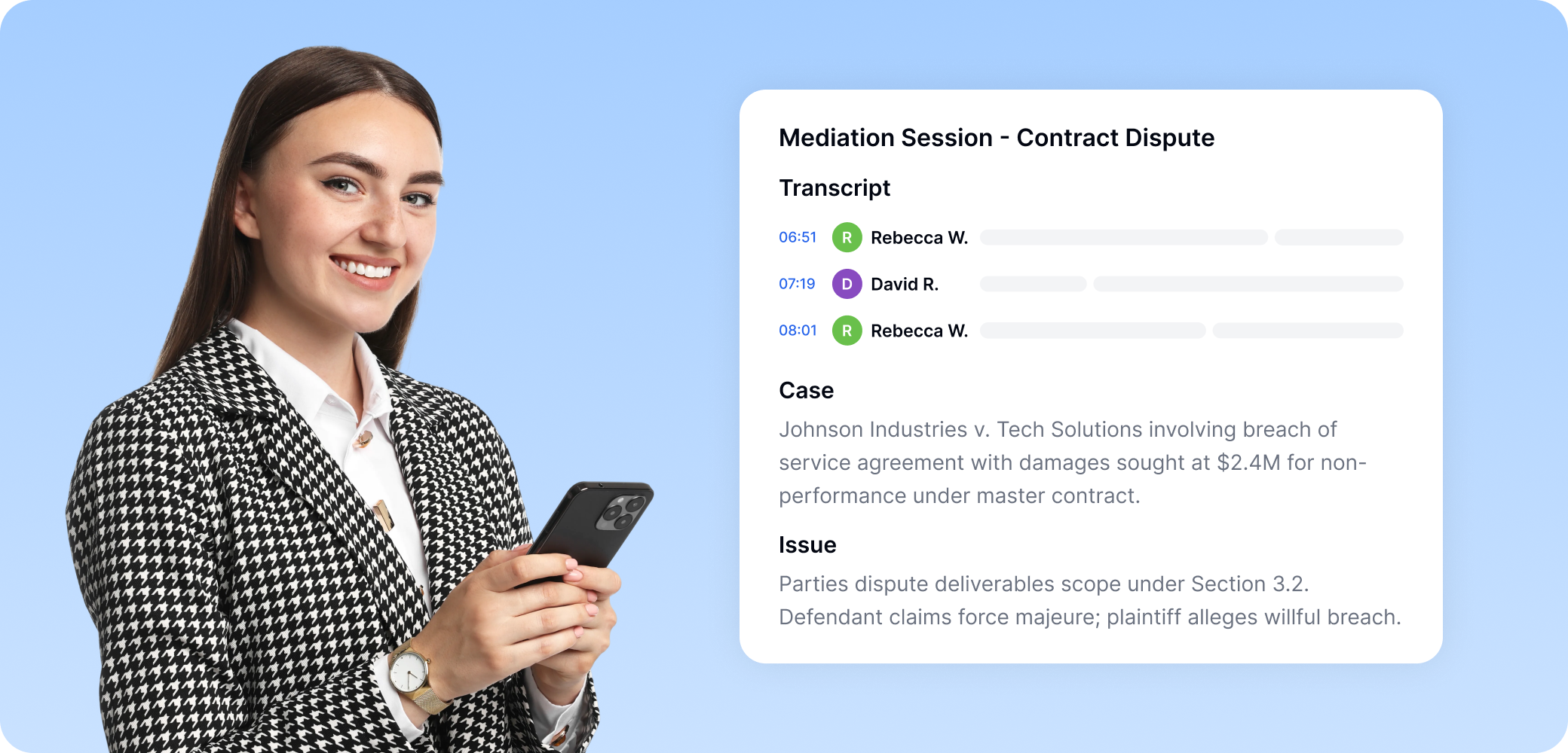 ממשק Transkriptor המציג תמלול של ישיבת גישור עם זיהוי דוברים, פרטי תיק וסיכום סוגיות בסכסוך חוזי