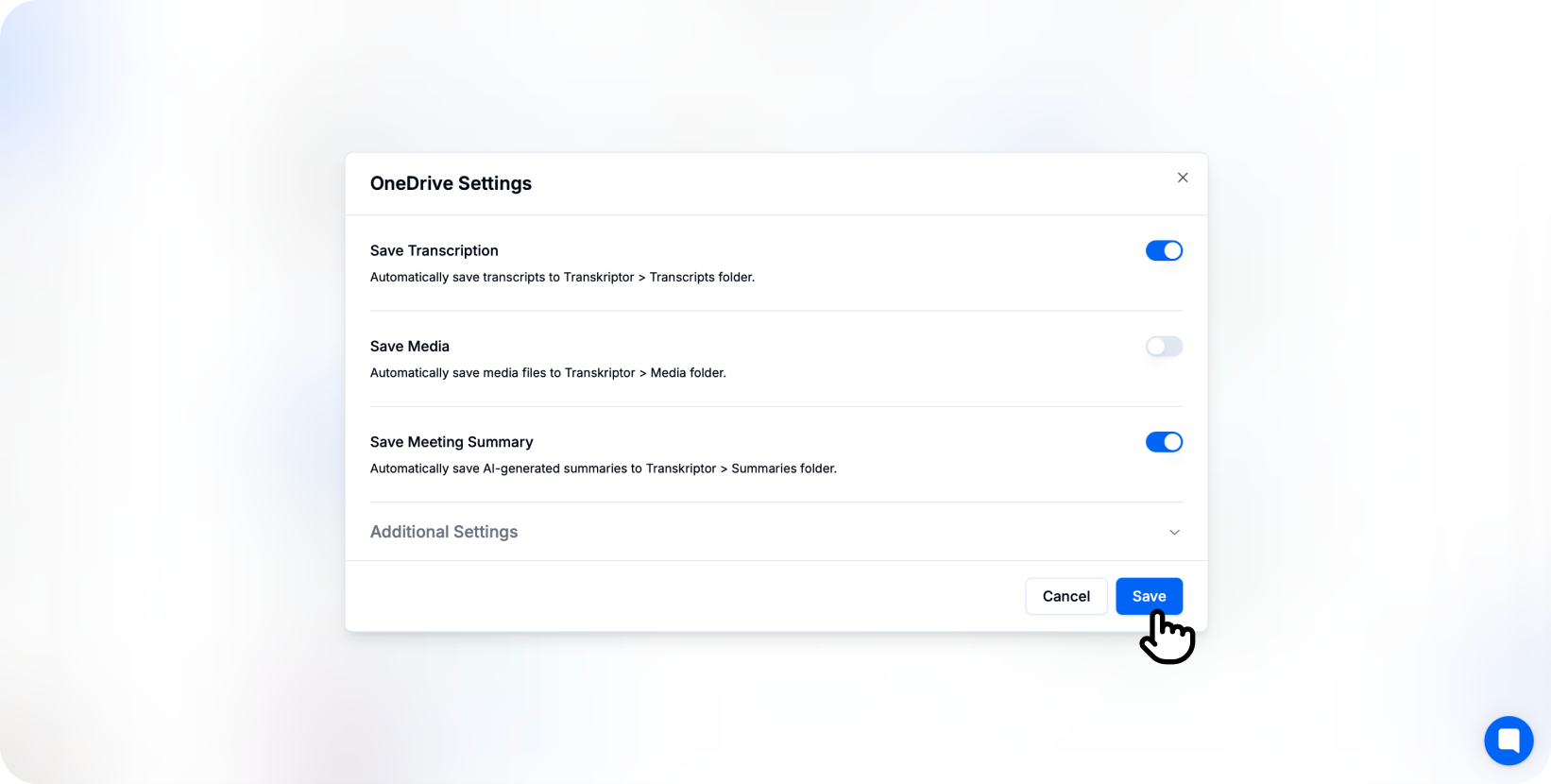 Panel pengaturan integrasi OneDrive di Transkriptor dengan saklar untuk menyimpan transkripsi, file media, dan ringkasan rapat.