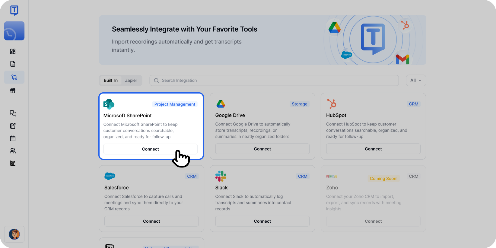 Kartu integrasi Microsoft SharePoint disorot di antarmuka Transkriptor dengan tombol hubungkan