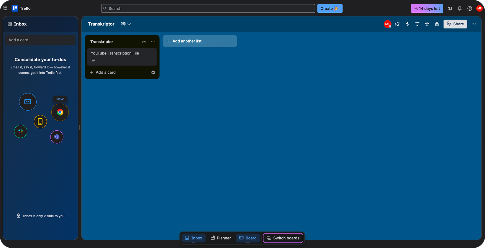 Tampilan papan Trello yang menampilkan daftar Transkriptor dengan kartu File Transkripsi YouTube yang dibuat secara otomatis.