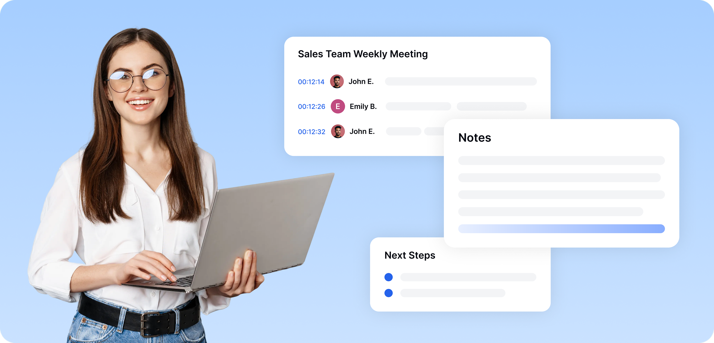أداة Transkriptor AI لنسخ الاجتماعات، تقوم بتسجيل اجتماعات فريق المبيعات مع تحديد المتحدثين، وتدوين الملاحظات آليًا، وتلخيص الخطوات التالية.