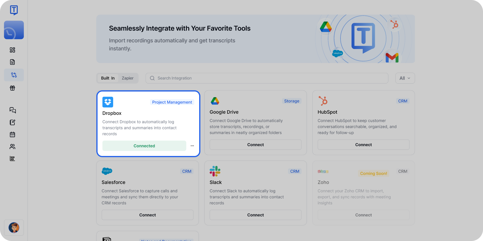 Struktur folder Dropbox yang menampilkan folder Transkriptor dengan subfolder Ringkasan dan Transkrip untuk penyimpanan file yang teratur.
