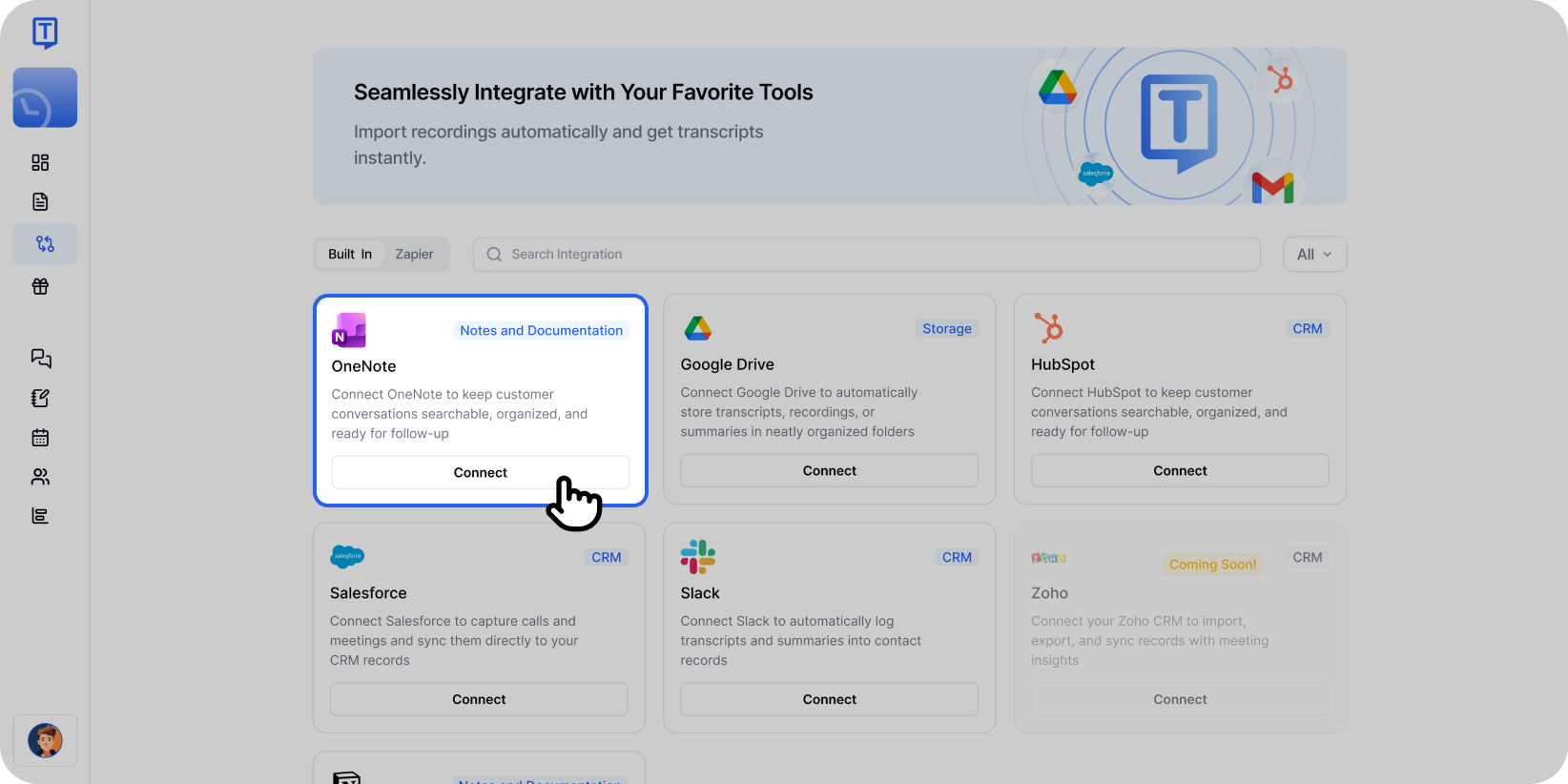 Opsi integrasi OneNote disorot di antarmuka Transkriptor yang menunjukkan tombol Hubungkan untuk catatan dan dokumentasi.