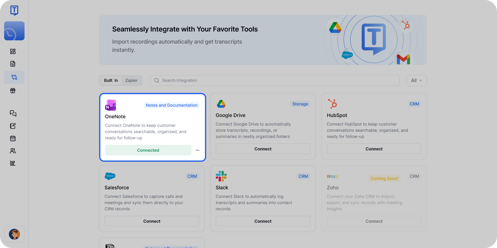 Status integrasi OneNote berhasil terhubung yang ditampilkan di dasbor integrasi Transkriptor.