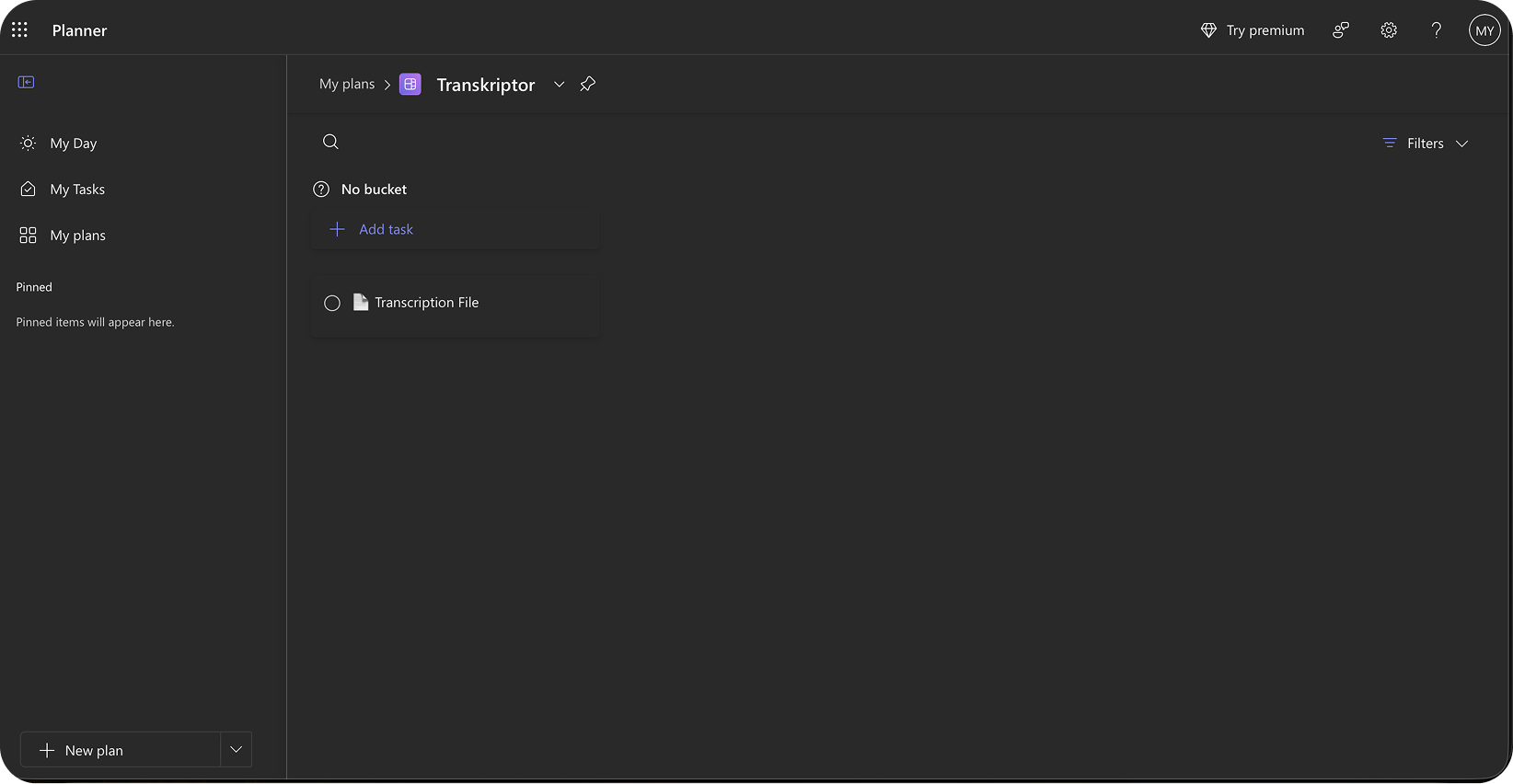 Aplikasi Microsoft Planner yang menunjukkan rencana Transkriptor dengan tugas file transkripsi di bagian tanpa bucket.