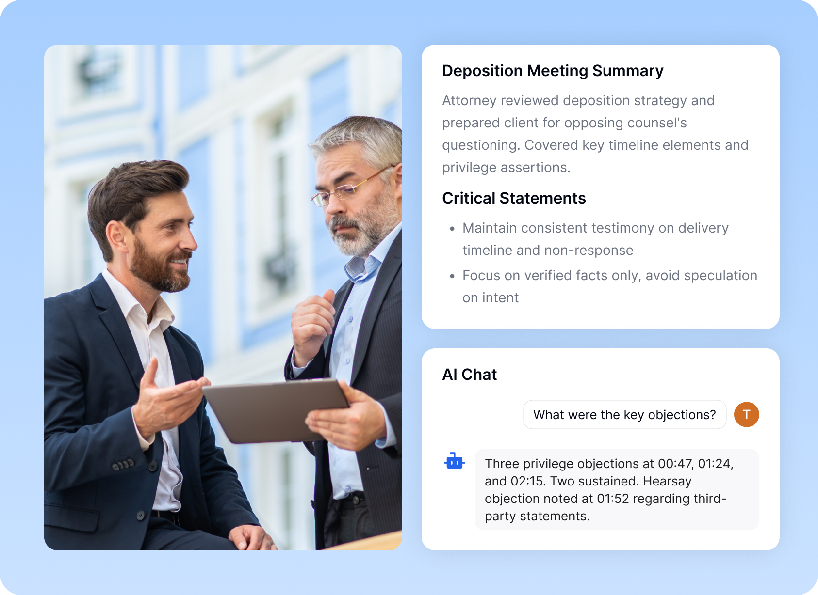 שני עורכי דין בפגישה משתמשים ב-Transkriptor המציג סיכום עדות, הצהרות קריטיות וצ'אט AI העונה על שאילתות בנוגע להתנגדויות