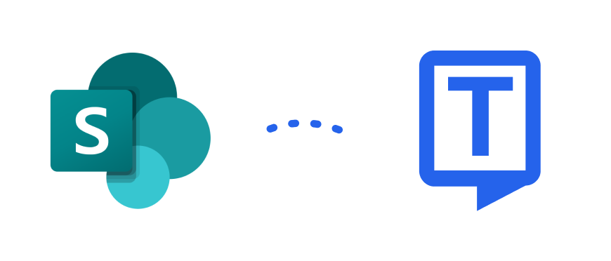 Logo Microsoft SharePoint dan Transkriptor dengan indikator koneksi di antara keduanya.