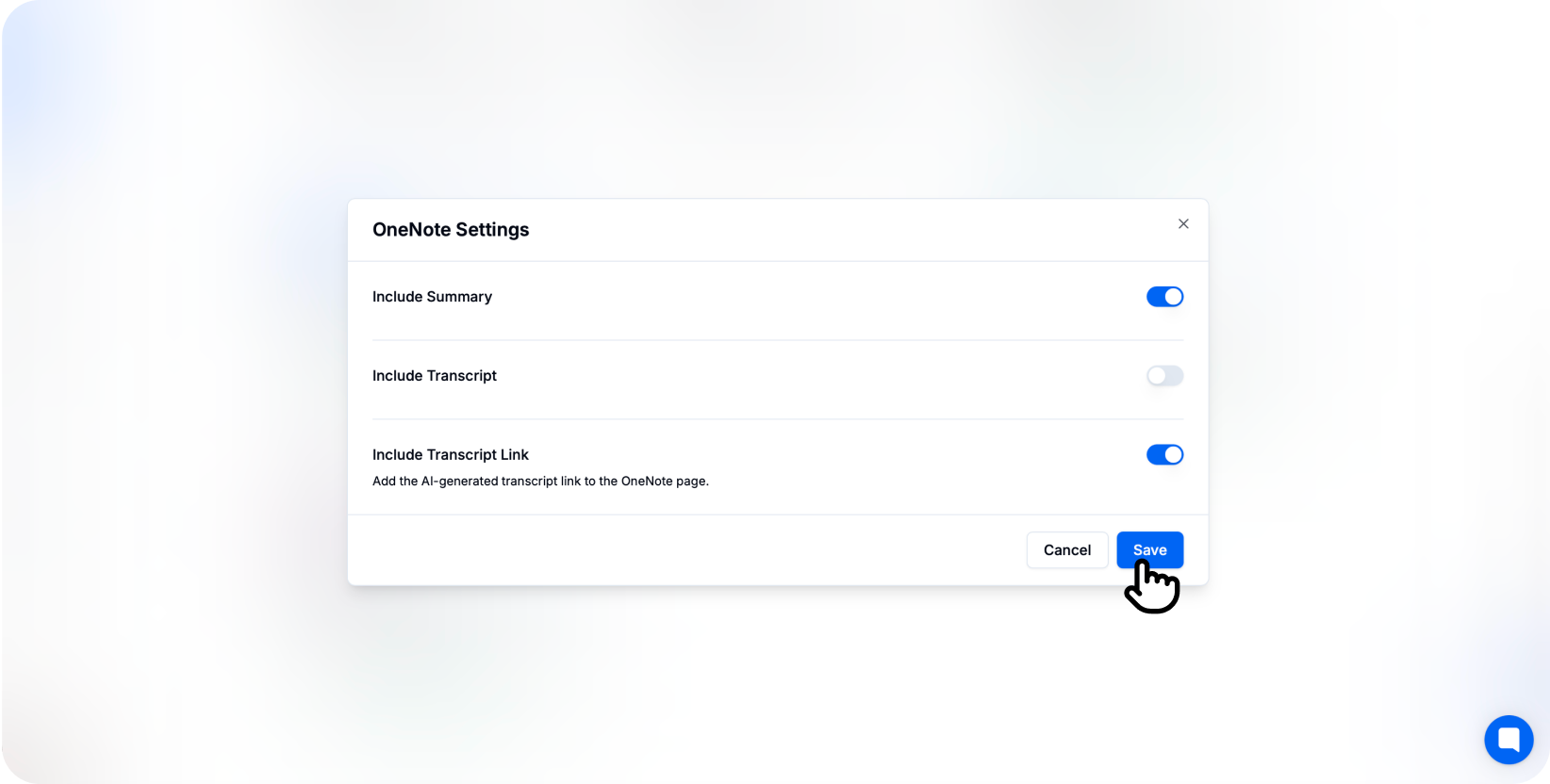 Panel pengaturan integrasi OneNote di Transkriptor dengan sakelar untuk menyertakan ringkasan, transkrip, dan tautan transkrip.