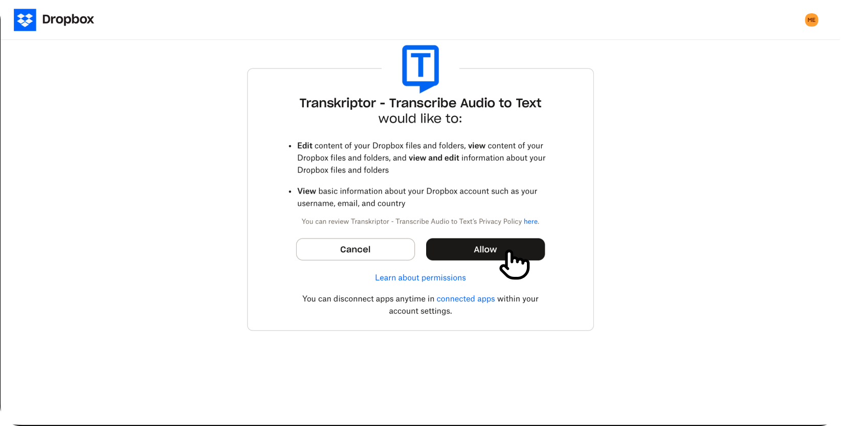 Layar izin Dropbox untuk aplikasi Transkriptor yang meminta akses untuk mengedit, melihat file, dan informasi akun.