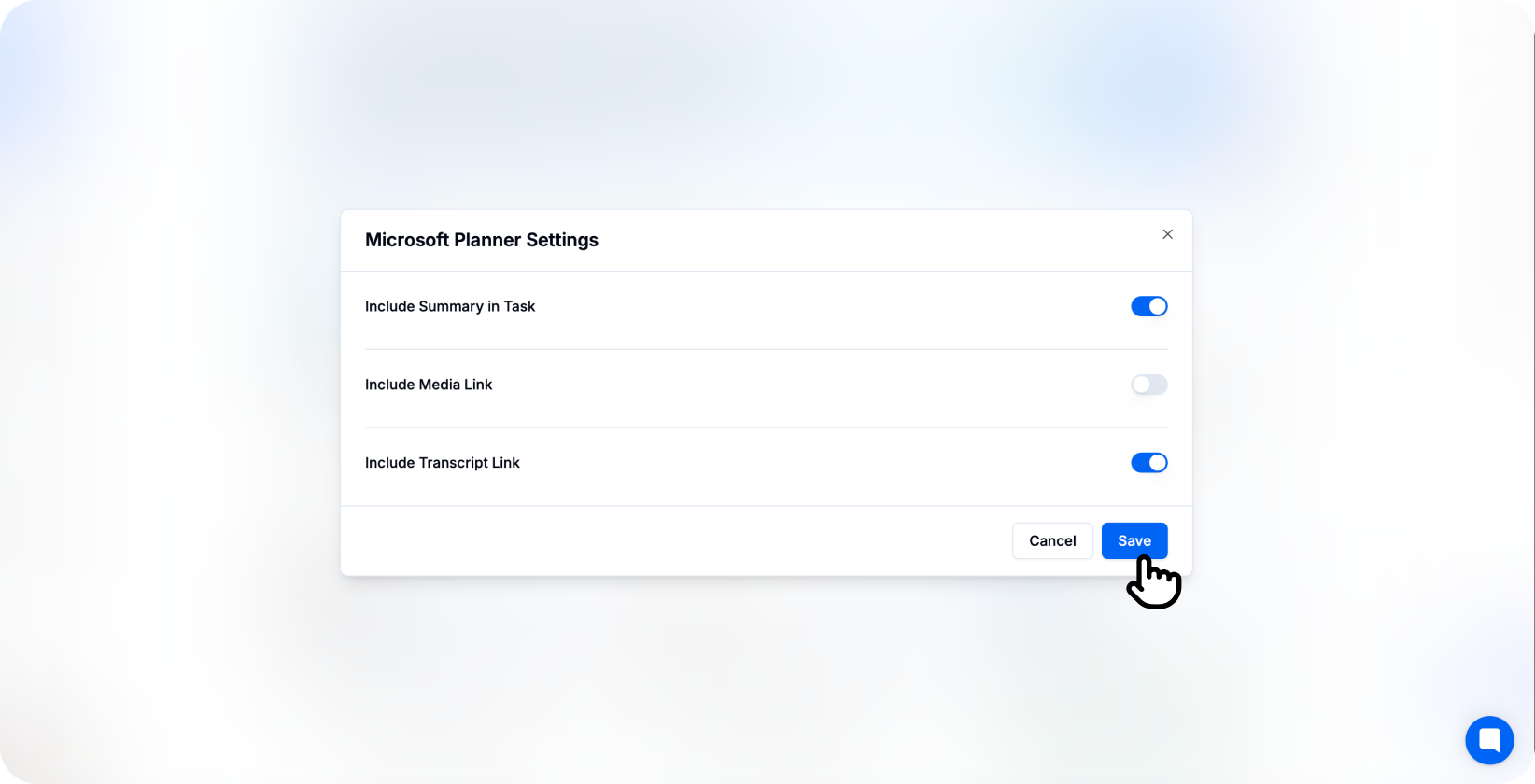 Panel pengaturan Microsoft Planner di Transkriptor yang menampilkan opsi pilihan sertakan ringkasan, tautan media, dan tautan transkrip