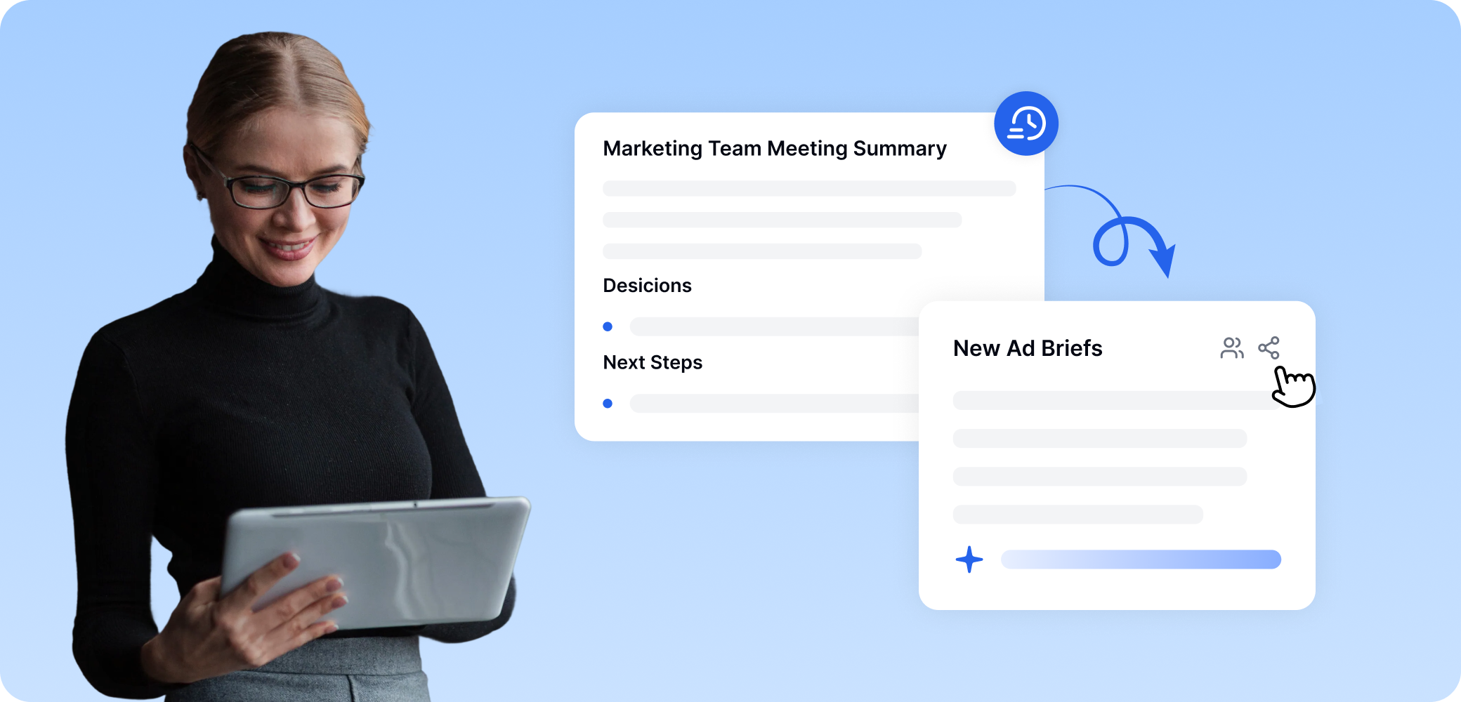 市场团队会议摘要，展示决策与后续步骤，并自动生成新广告简报的工作流