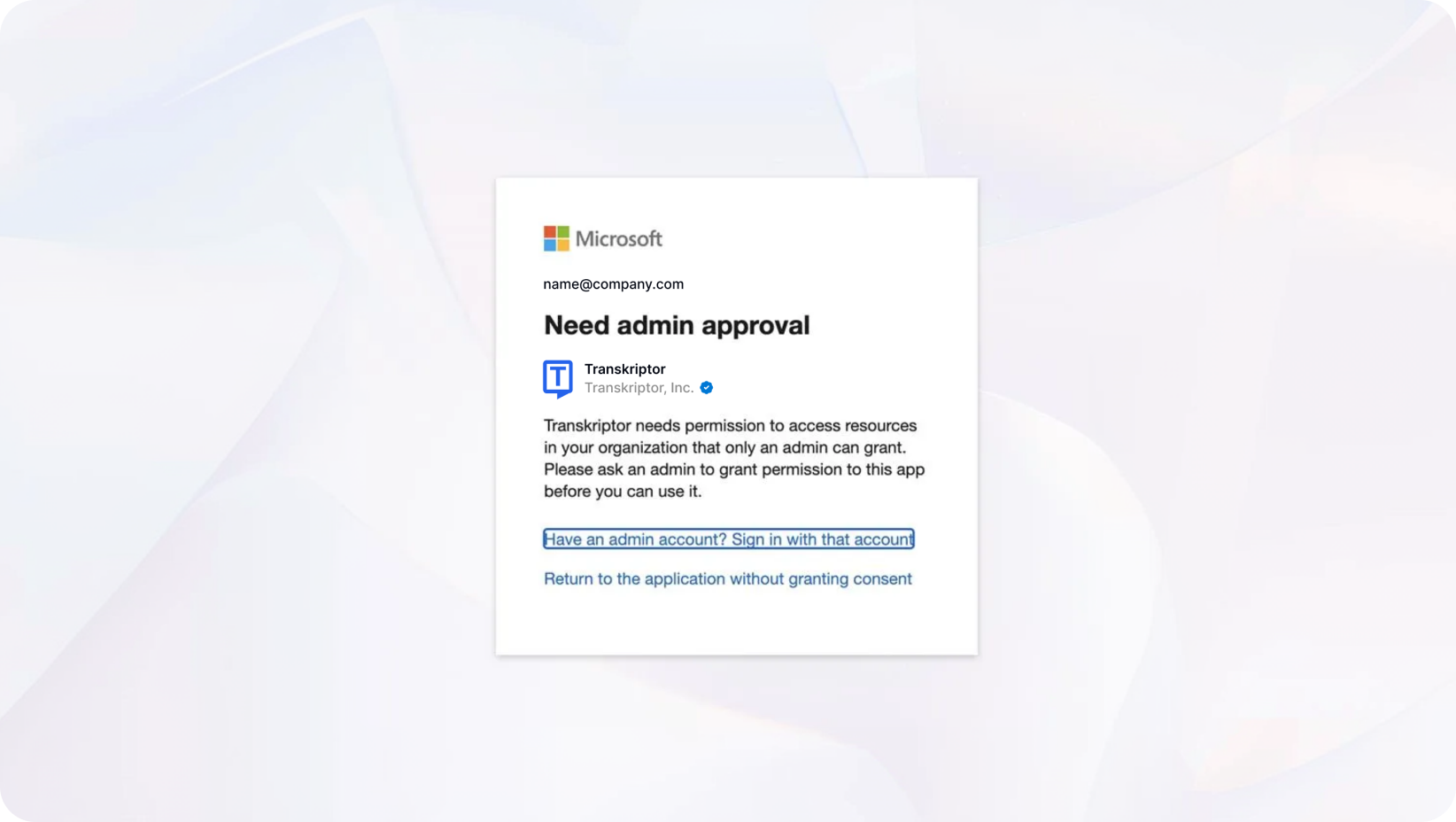 Layar persetujuan admin Microsoft untuk integrasi Transkriptor yang meminta izin organisasi