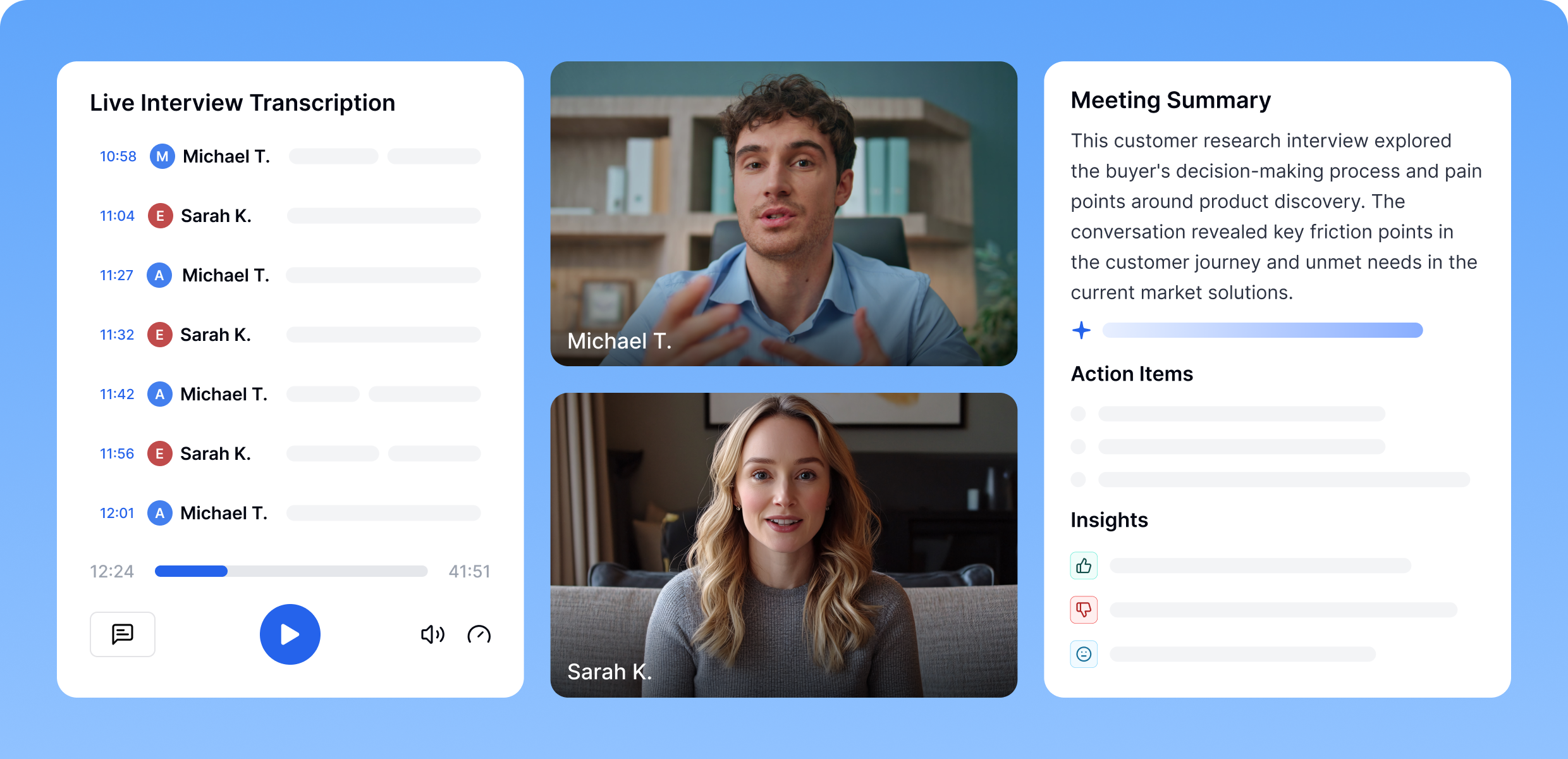 实时访谈转录界面，显示 Michael T. 与 Sarah K. 之间的对话，并配有会议摘要和待办事项面板