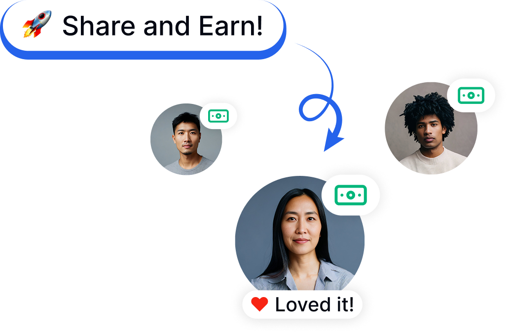 Halaman arahan program referral Transkriptor menampilkan keuntungan afiliasi "Berbagi dan Dapatkan" dengan referensi pengguna, ikon penghasilan, dan alur berbagi ke media sosial.